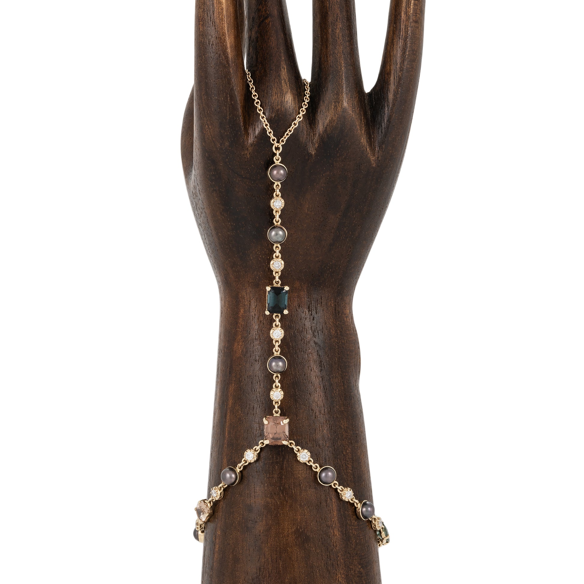 Gemstone, Black Pearl and Sophia Diamond Finger Bracelet