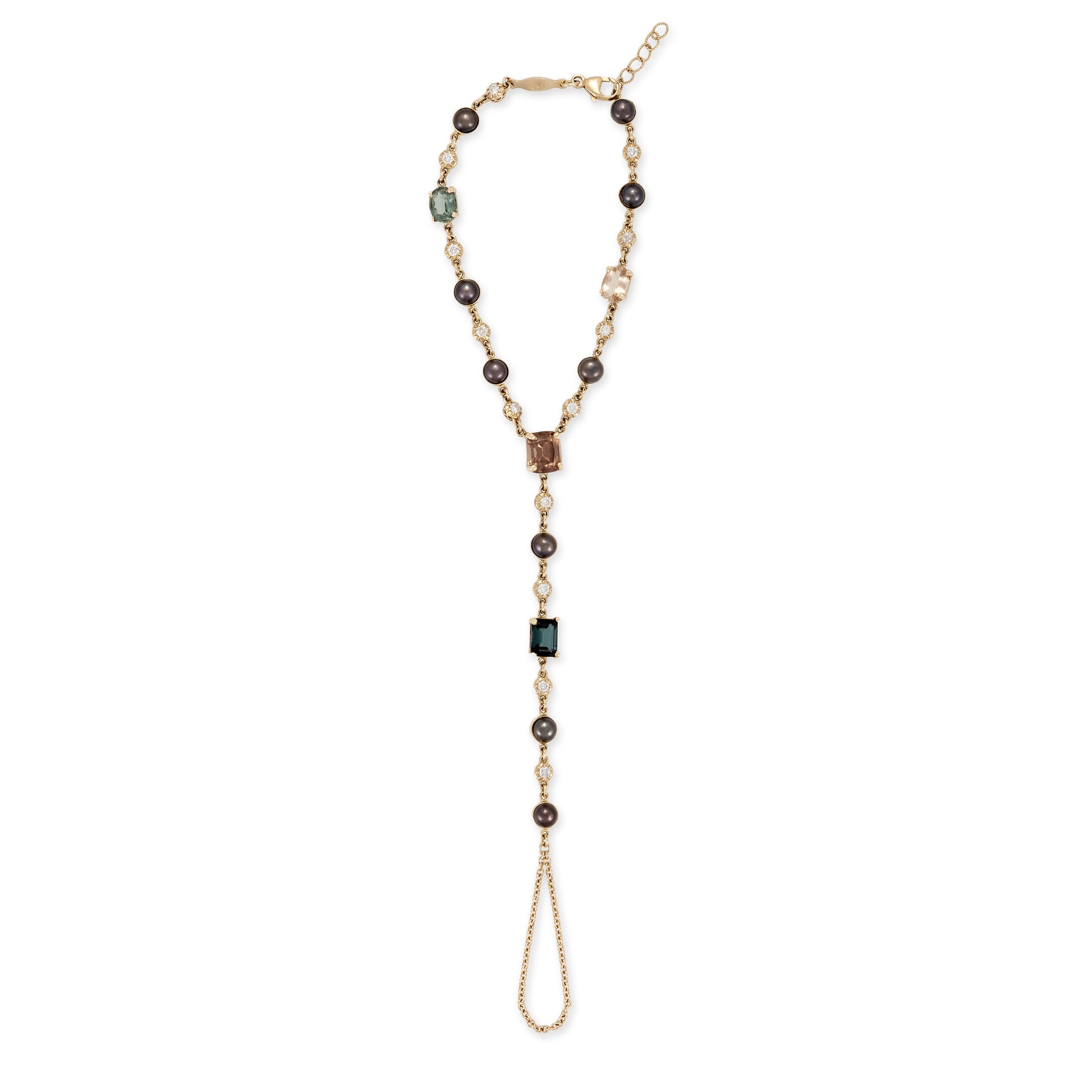 Gemstone, Black Pearl and Sophia Diamond Finger Bracelet