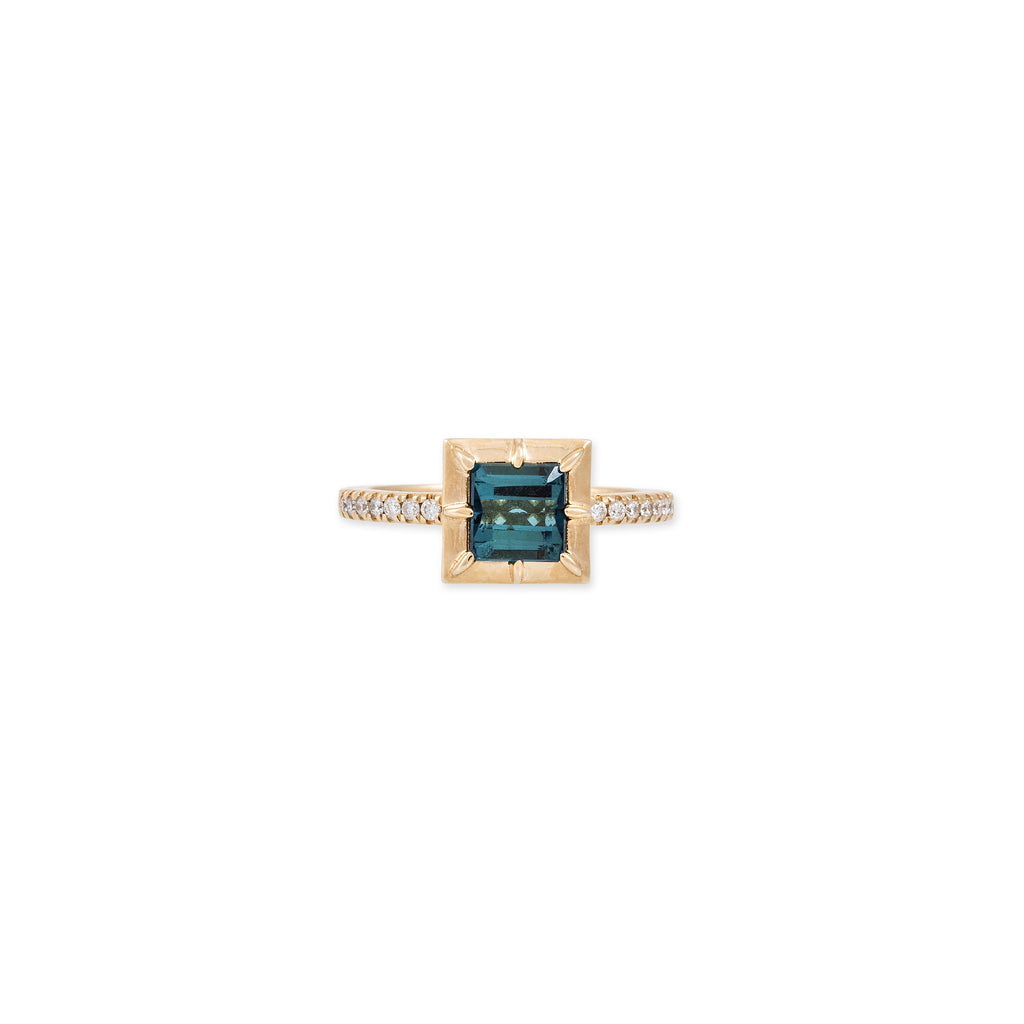 Teal Tourmaline Square Sophia Bezel Pave Ring