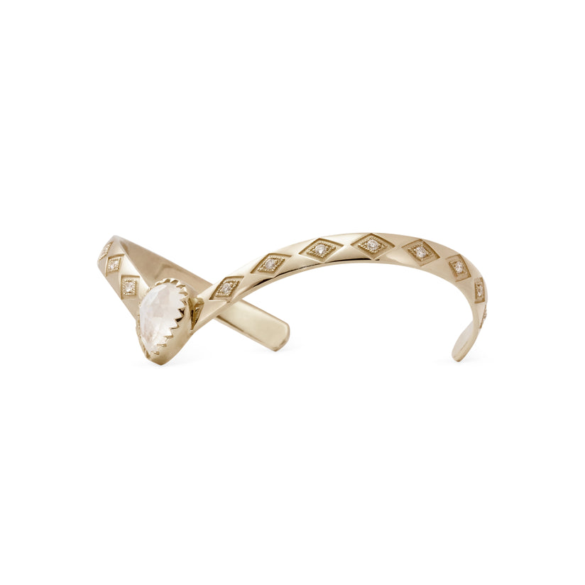 Moonstone Teardrop Center Diamond Kite Engraved V Cuff Bracelet