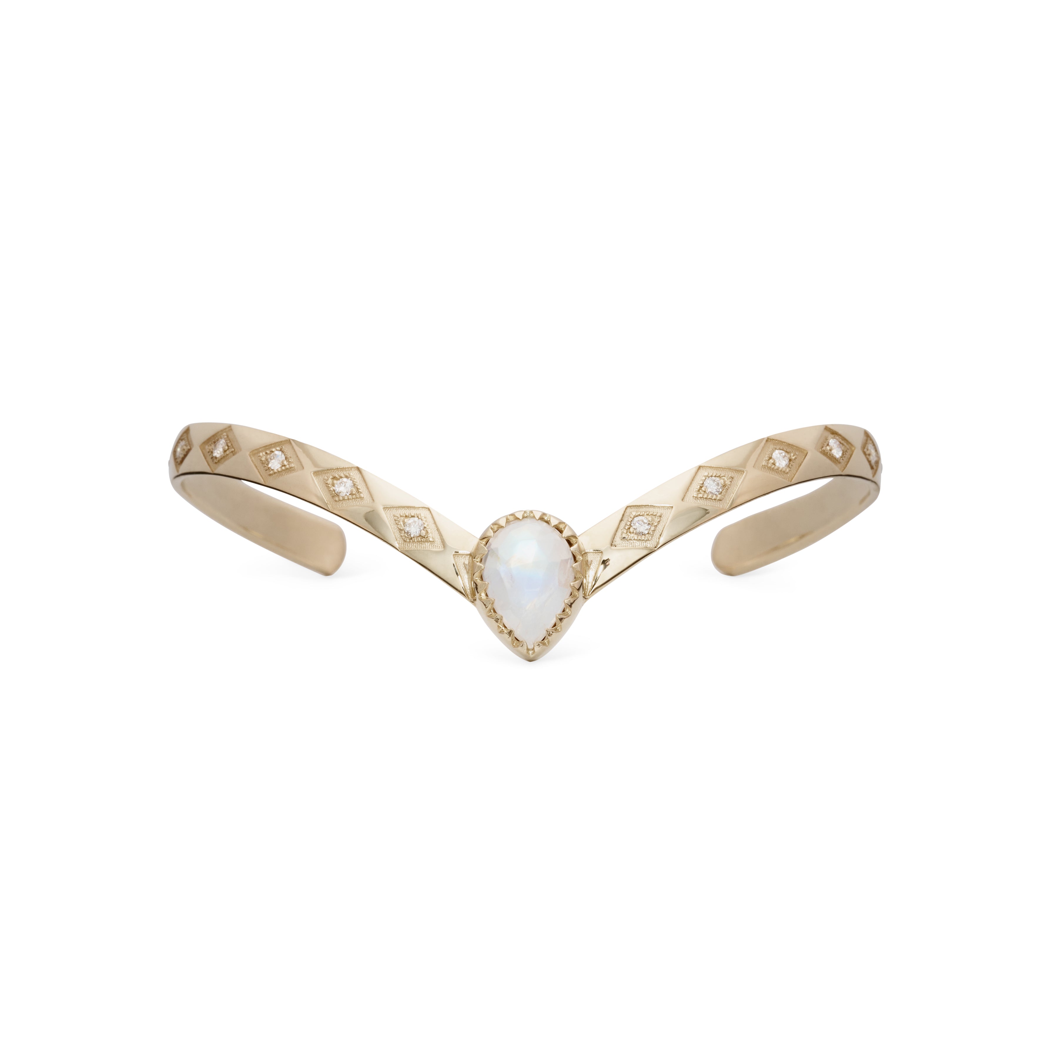 Moonstone Teardrop Center Diamond Kite Engraved V Cuff Bracelet
