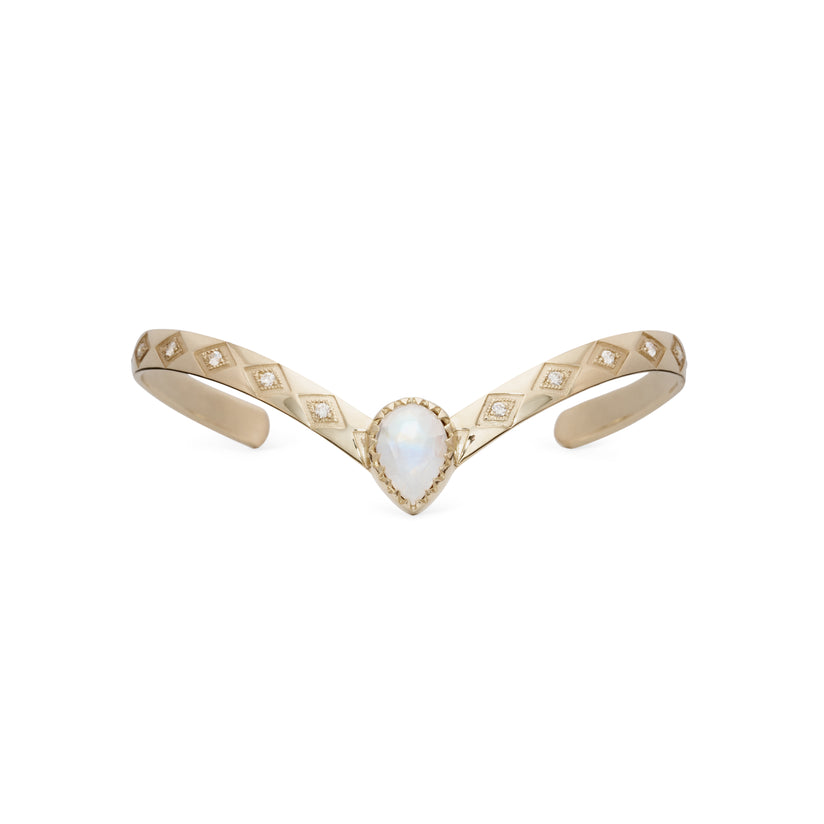 Moonstone Teardrop Center Diamond Kite Engraved V Cuff Bracelet