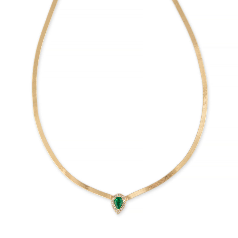 PAVE EMERALD TEARDROP HERRINGBONE NECKLACE