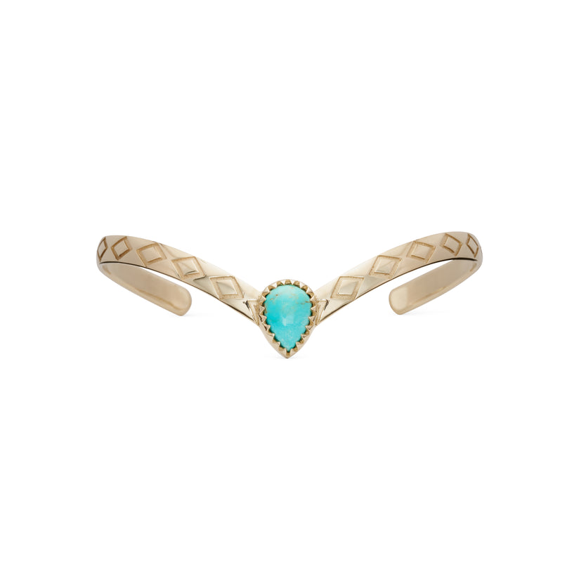 Turquoise Teardrop Center Kite Engraved V Cuff Bracelet