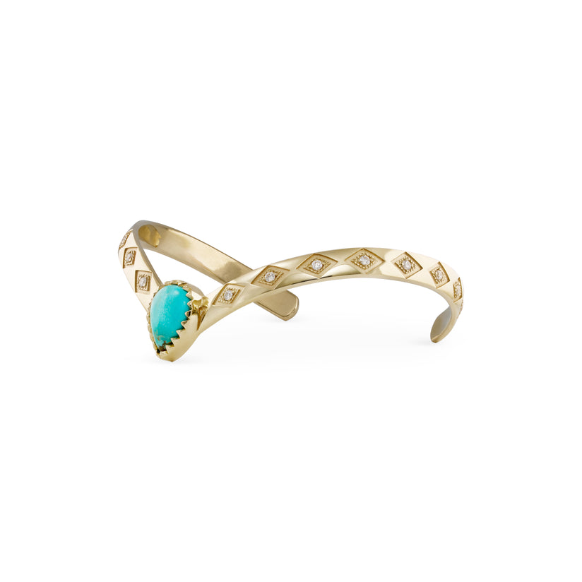 Turquoise Teardrop Center Diamond Kite Engraved V Cuff Bracelet