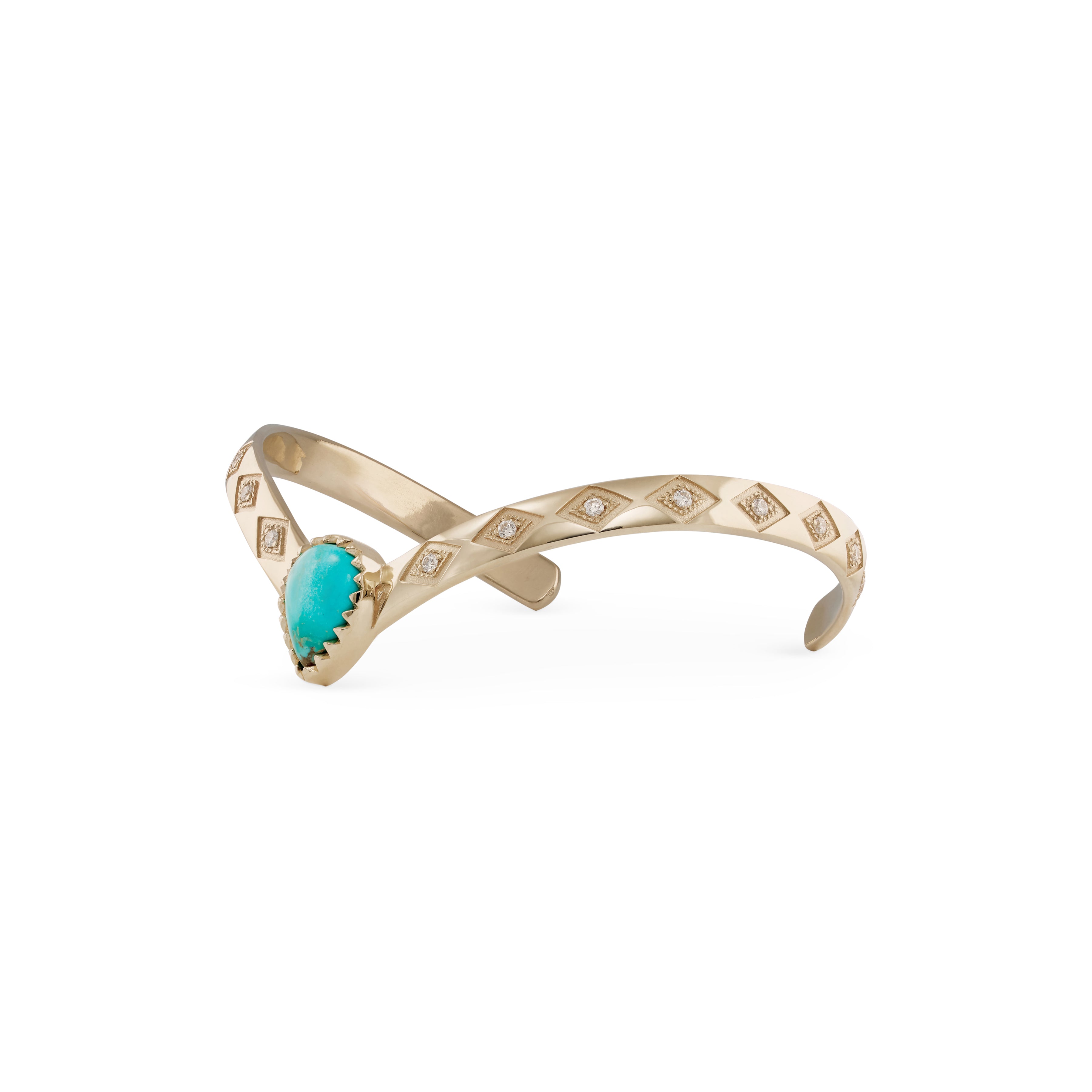 Turquoise Teardrop Center Diamond Kite Engraved V Cuff Bracelet