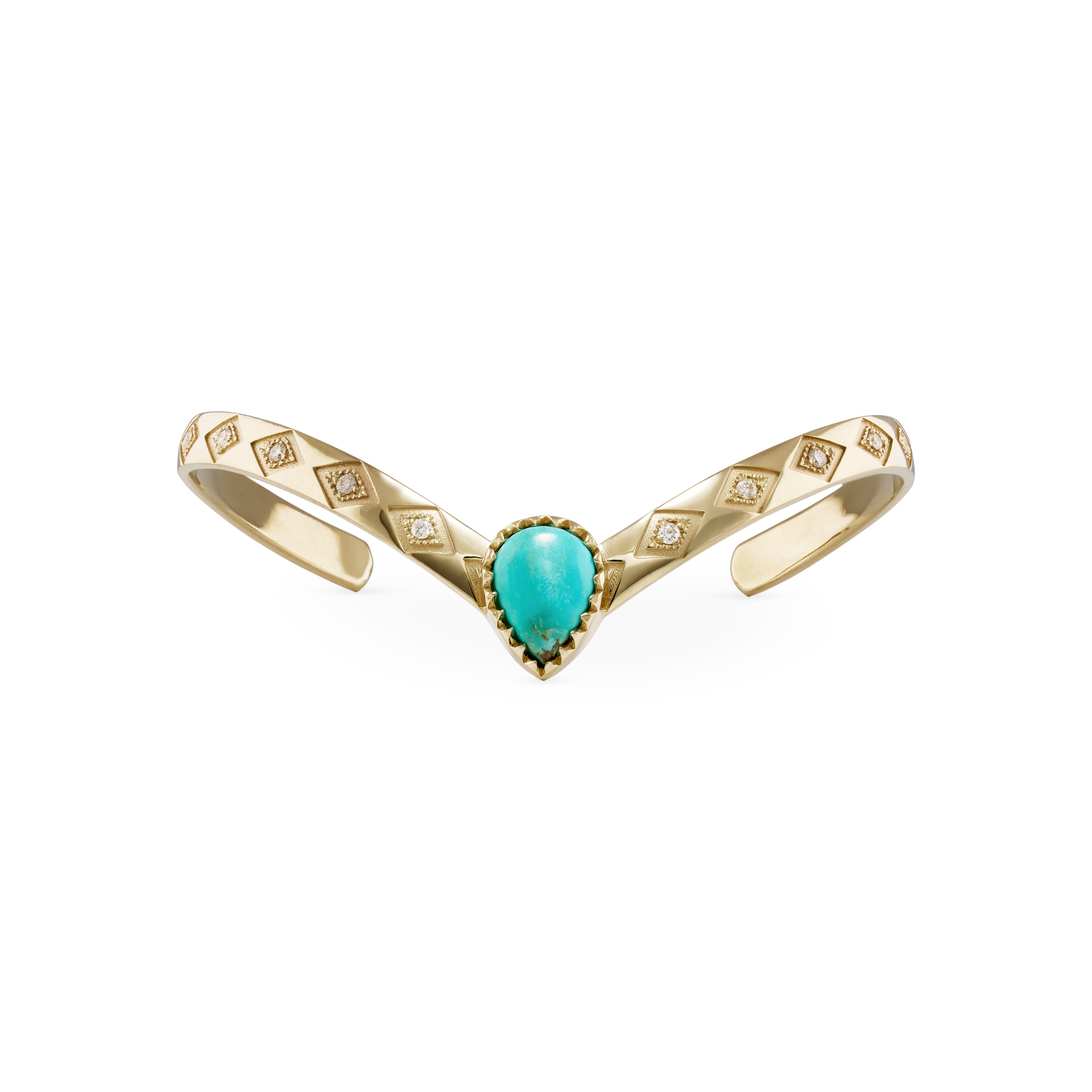 Turquoise Teardrop Center Diamond Kite Engraved V Cuff Bracelet