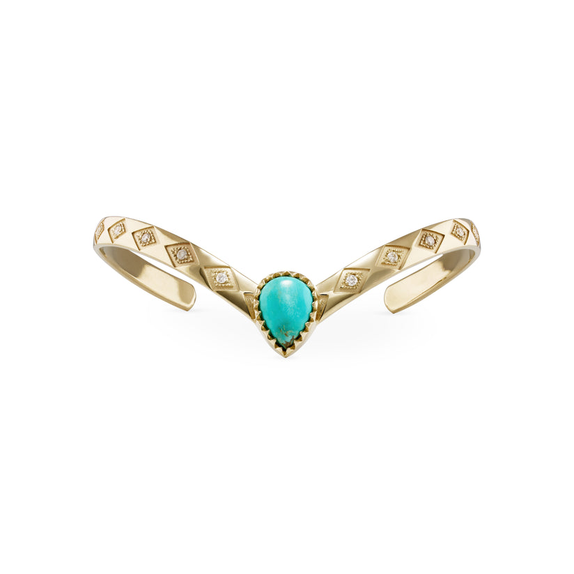 Turquoise Teardrop Center Diamond Kite Engraved V Cuff Bracelet