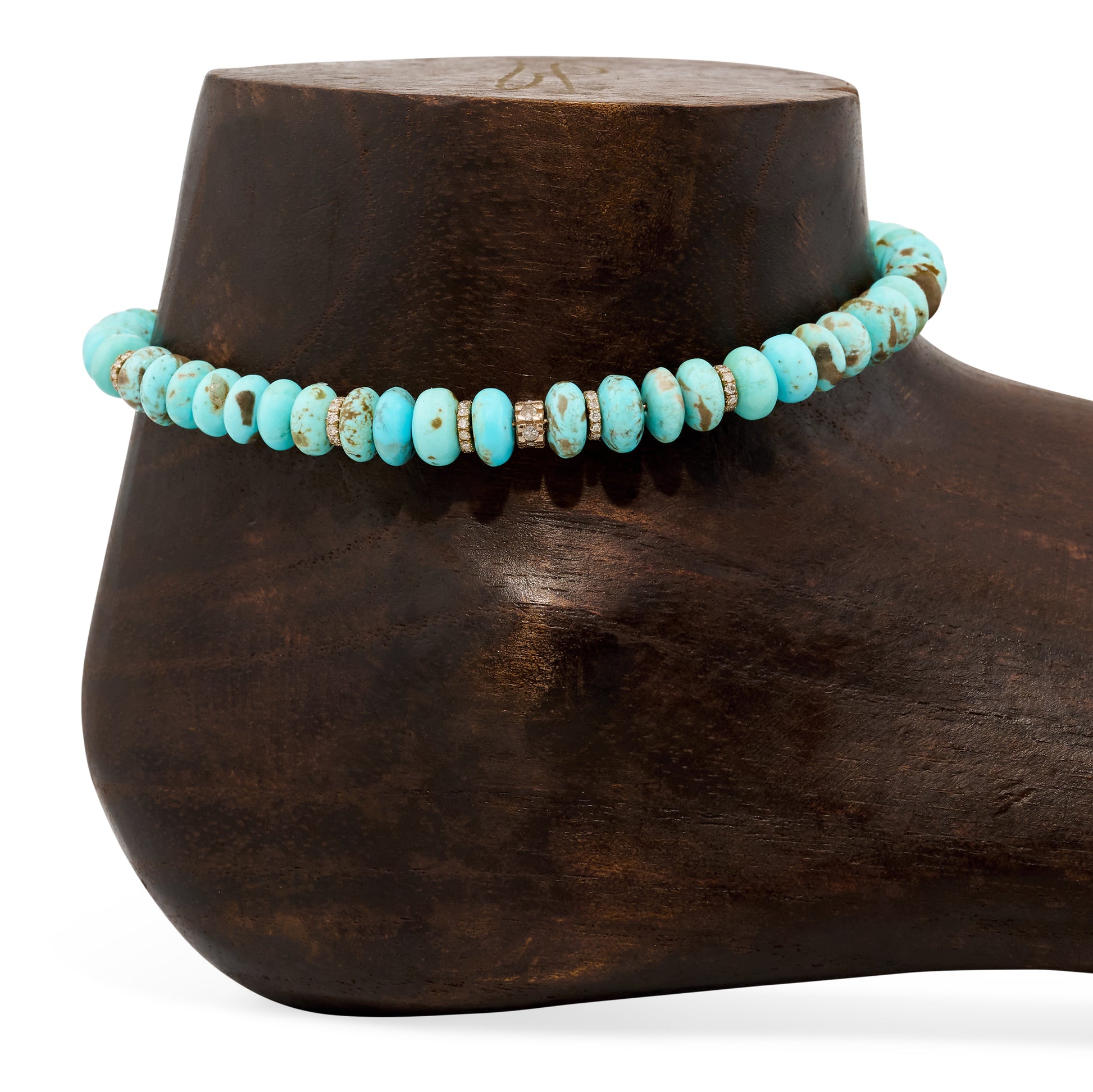 7 Pave Diamond Rondelles + Turquoise Beaded Anklet