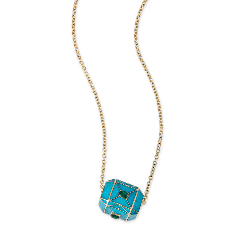 TURQUOISE INLAY EMERALD CENTER CUBE NECKLACE