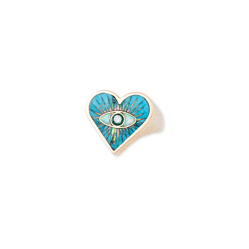 TURQUOISE OPAL MALACHITE INLAY EYE BURST HEART RING