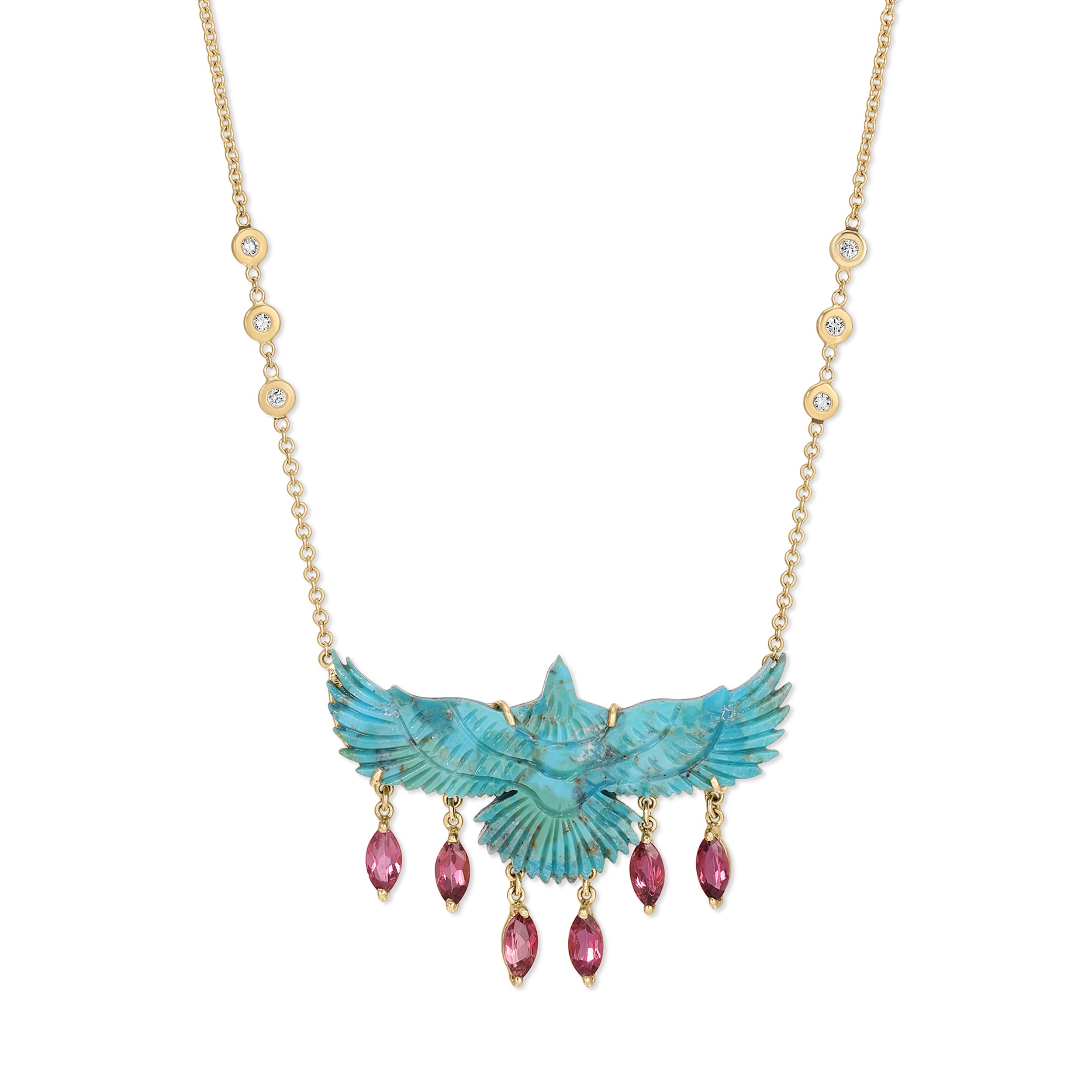 Turquoise Thunderbird Necklace with Pink Tourmaline Marquise Shakers