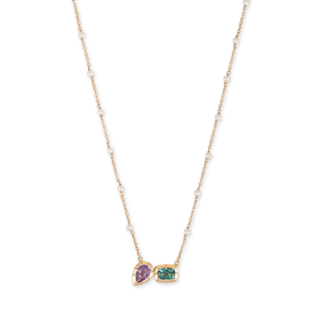 Teardrop Purple + Rectangle Green Blue Tourmaline Sophia Bezel Pearl Chain Necklace
