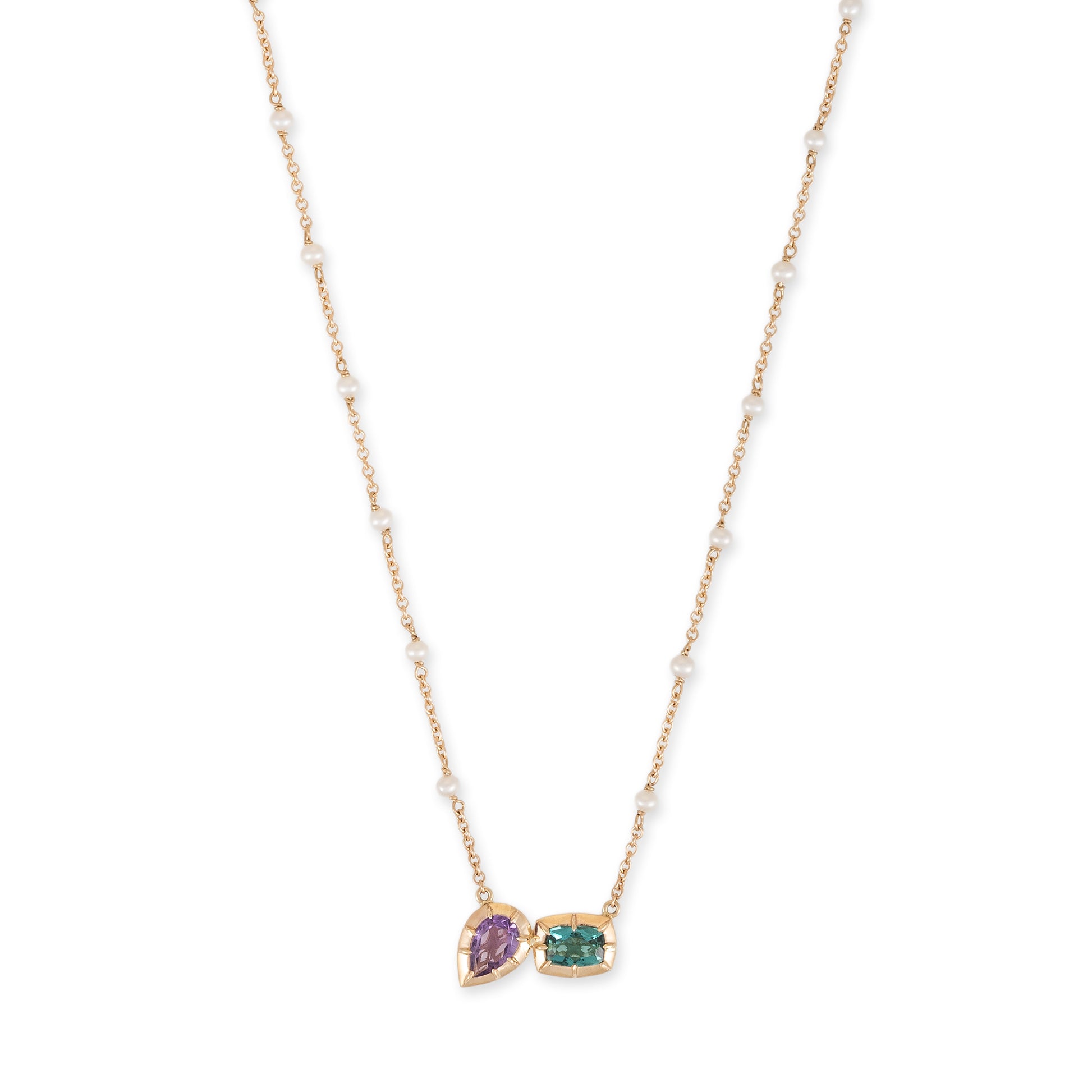 Teardrop Purple + Rectangle Green Blue Tourmaline Sophia Bezel Pearl Chain Necklace