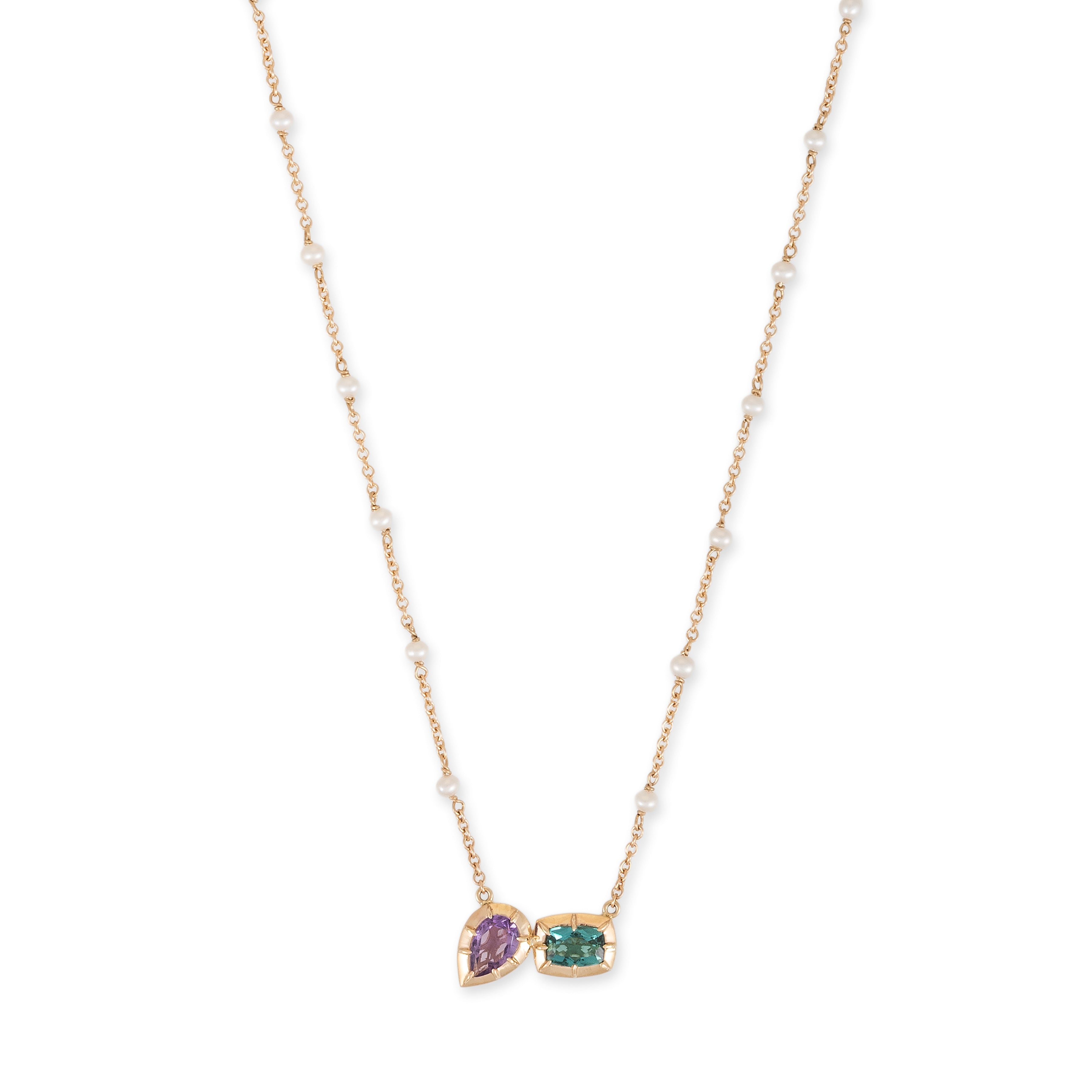 Teardrop Purple + Rectangle Green Blue Tourmaline Vintage Bezel Pearl Chain Necklace