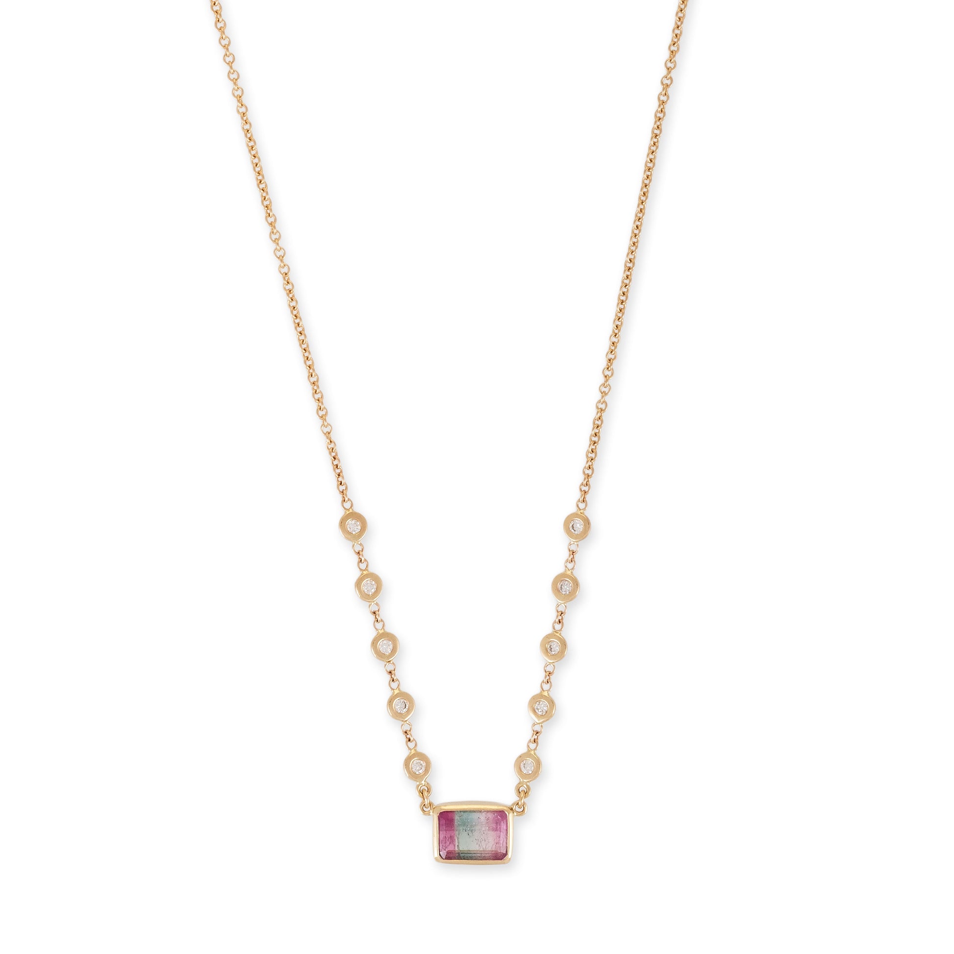 Bi-color Tourmaline Baguette 10 Diamond Necklace