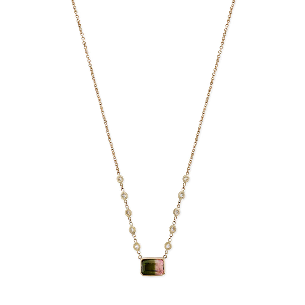 Watermelon Tourmaline Baguette 10 Diamond Necklace