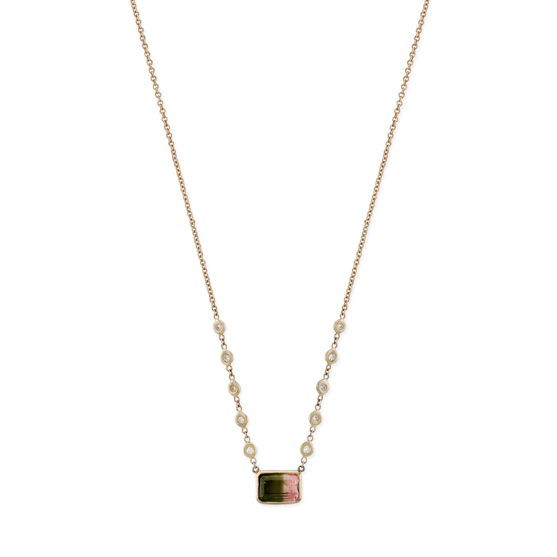 Watermelon Tourmaline Baguette 10 Diamond Necklace