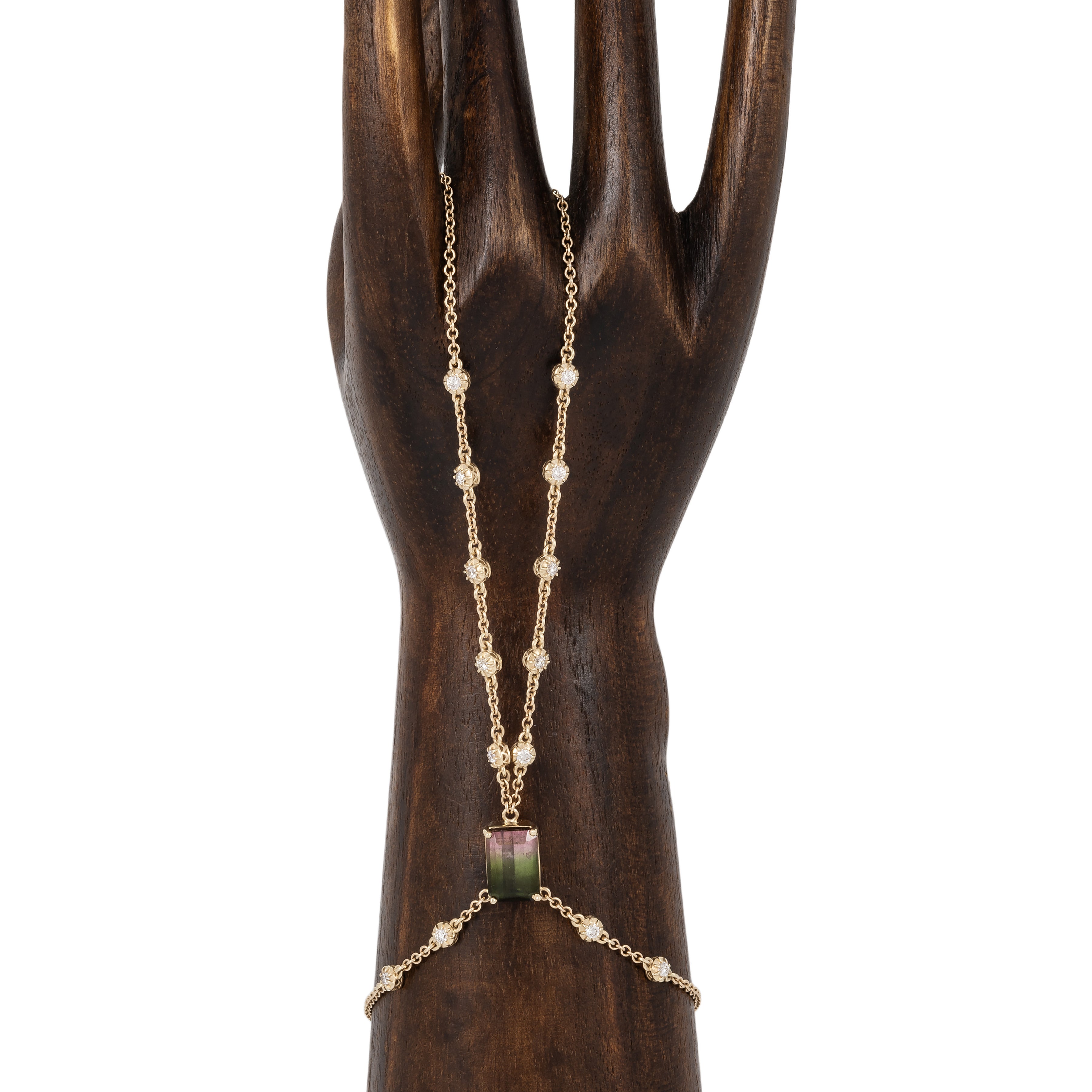 Watermelon Tourmaline Baguette + Sophia Diamond Double Stem Finger Bracelet
