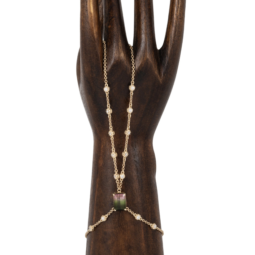 WATERMELON TOURMALINE BAGUETTE + SOPHIA DIAMOND DOUBLE STEM FINGER BRACELET