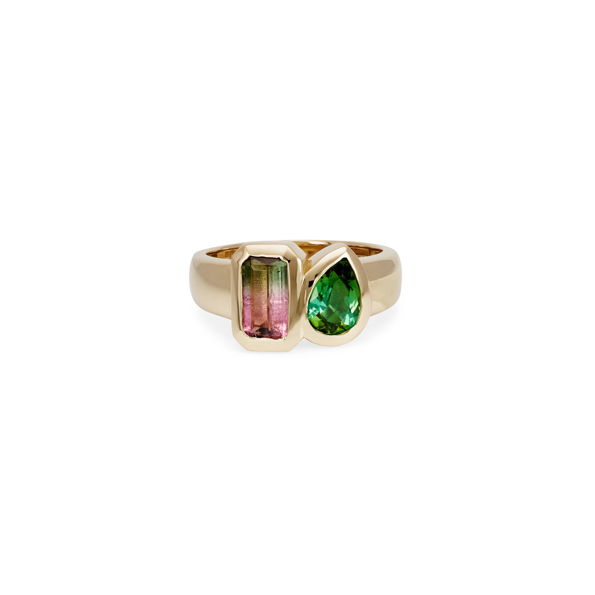 Watermelon Tourmaline Baguette + Green Tourmaline Teardrop Ring