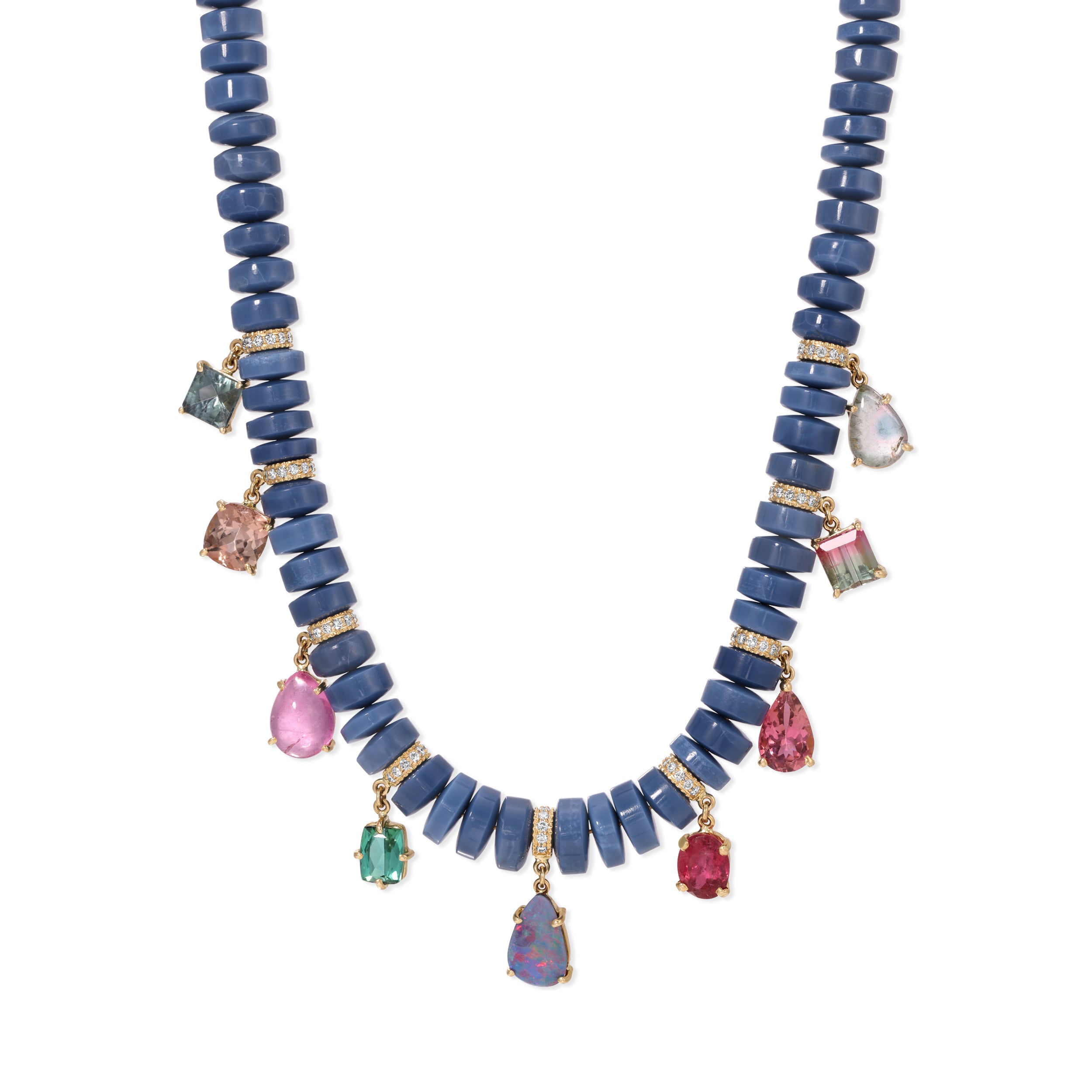 Graduated Blue Opal Cylinder Beaded Necklace with Multi Gemstone Shakers