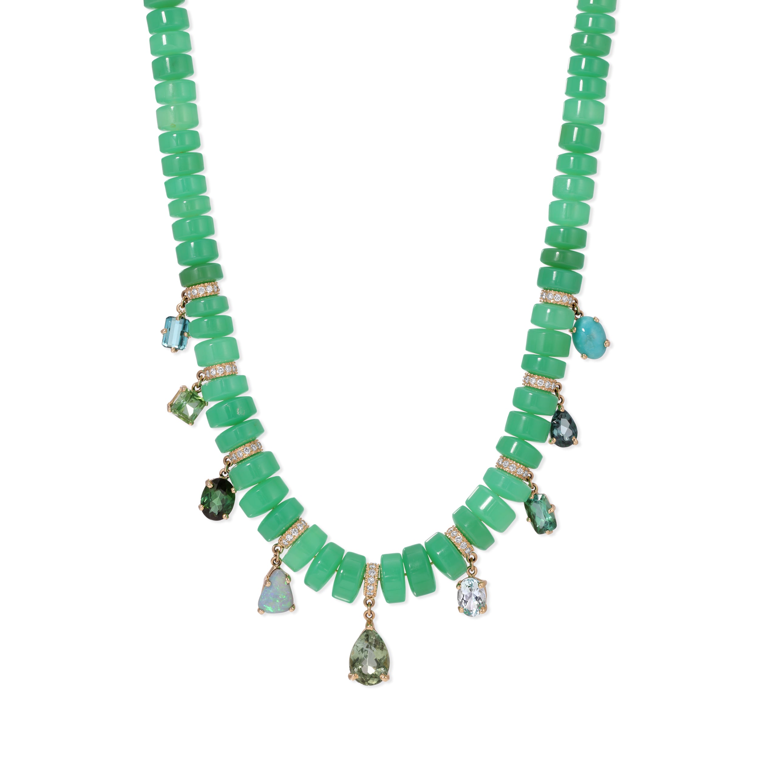 Graduated Chrysoprase Cylinder Beaded Necklace with Multi Gemstone Shakers