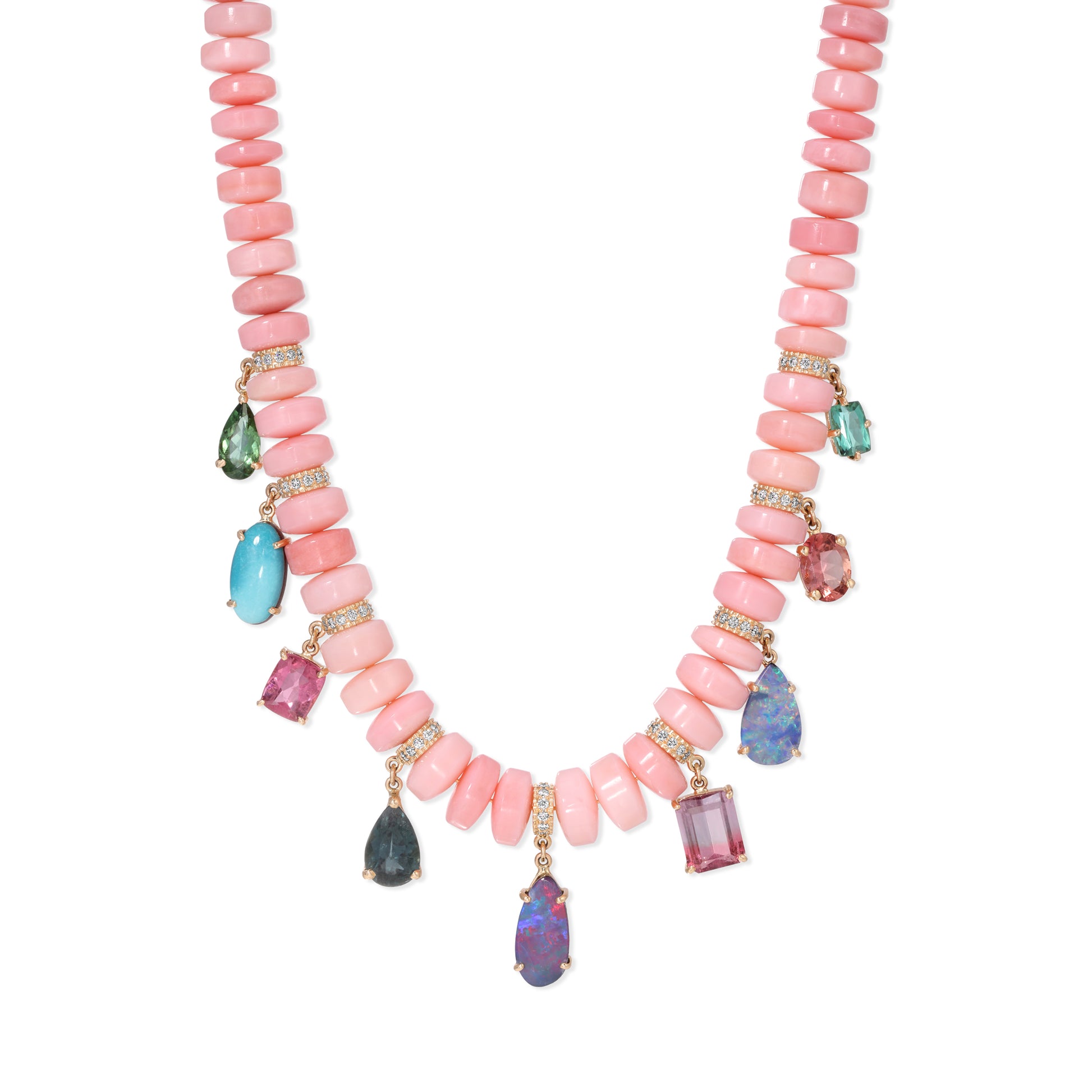 9 Multi Prong Gemstone Graduated Pink Opal Cylinder Beaded Necklace