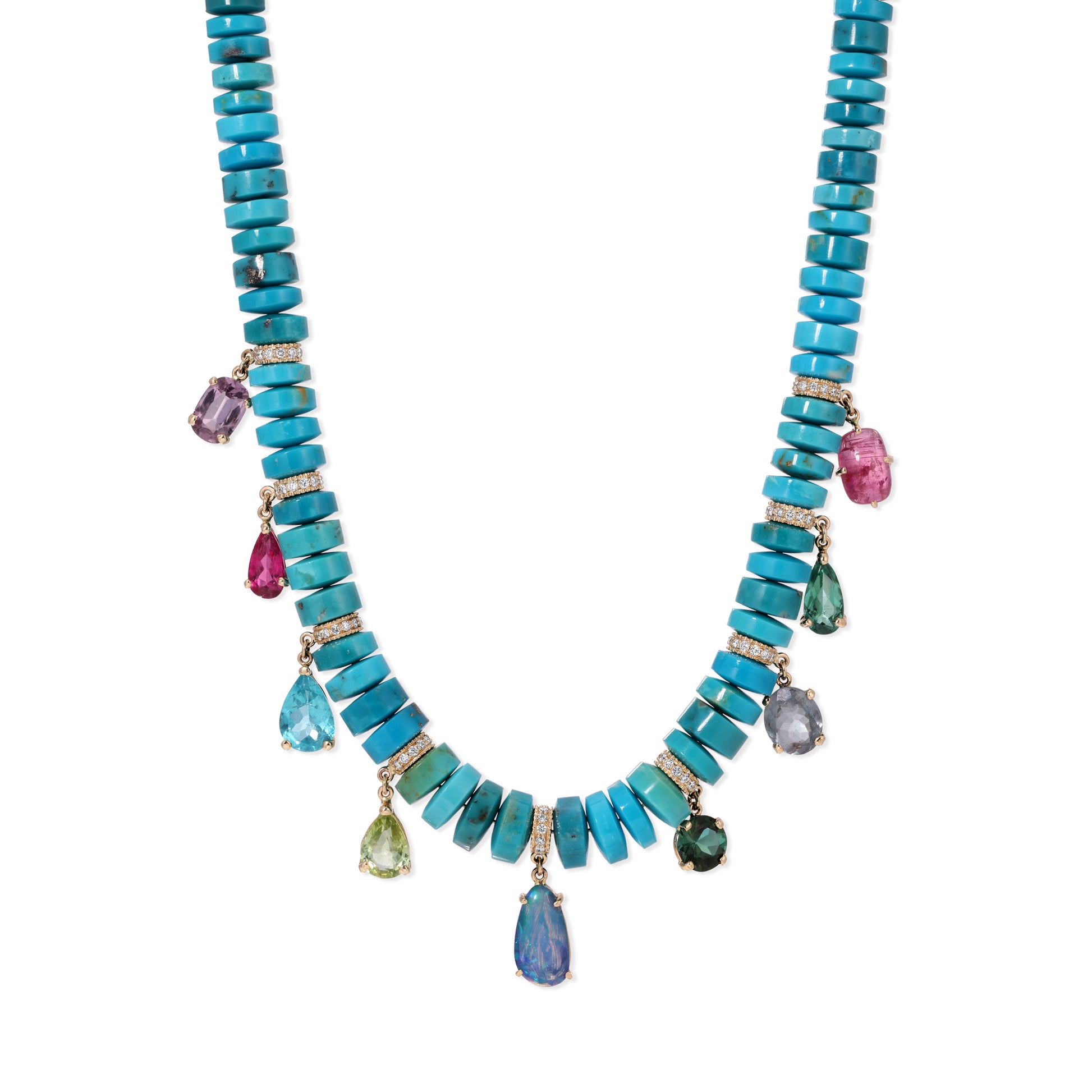 9 Multi Prong Gemstone Graduated Turquoise Cylinder Beaded Necklace