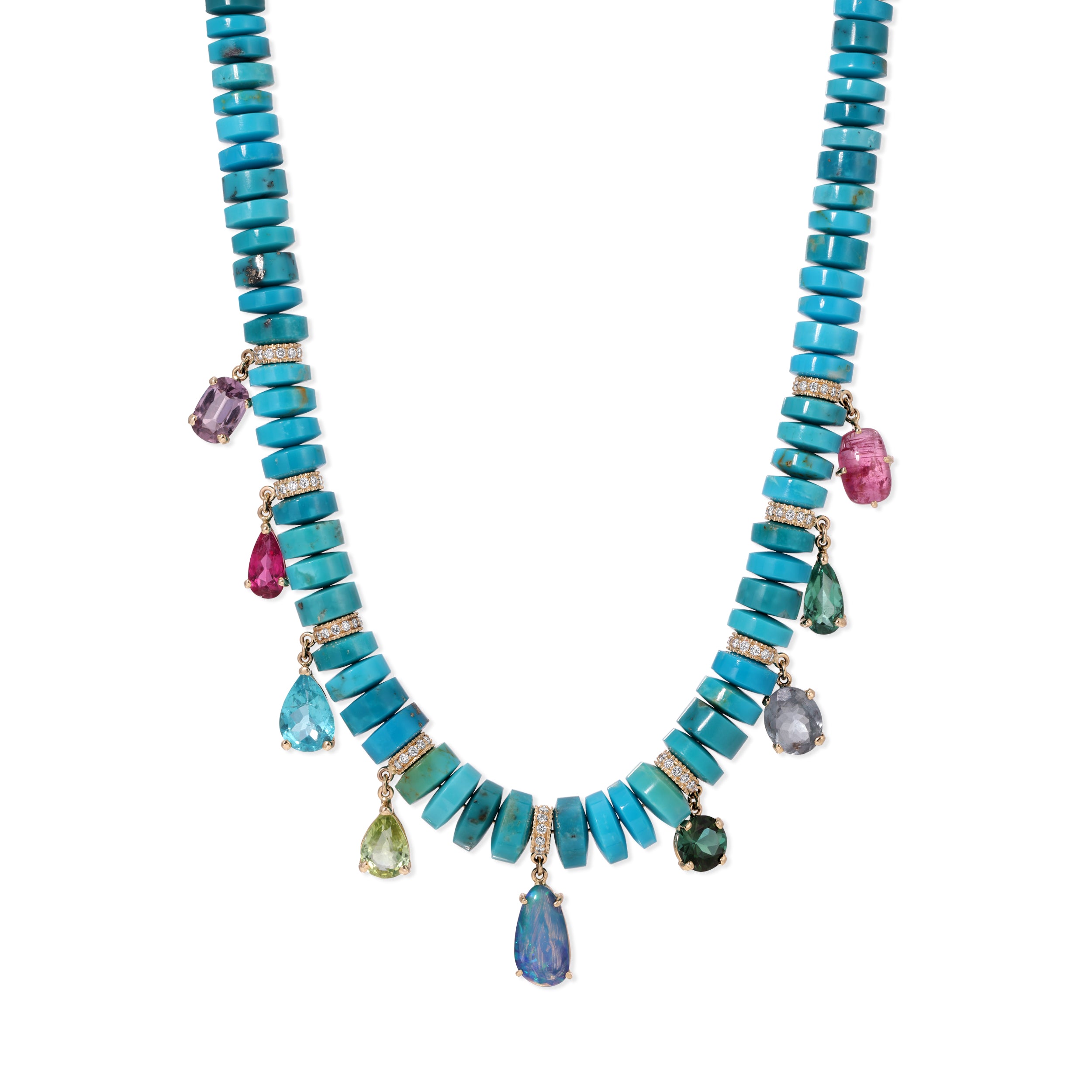 Graduated Turquoise Cylinder Beaded Necklace with Multi Gemstone Shakers