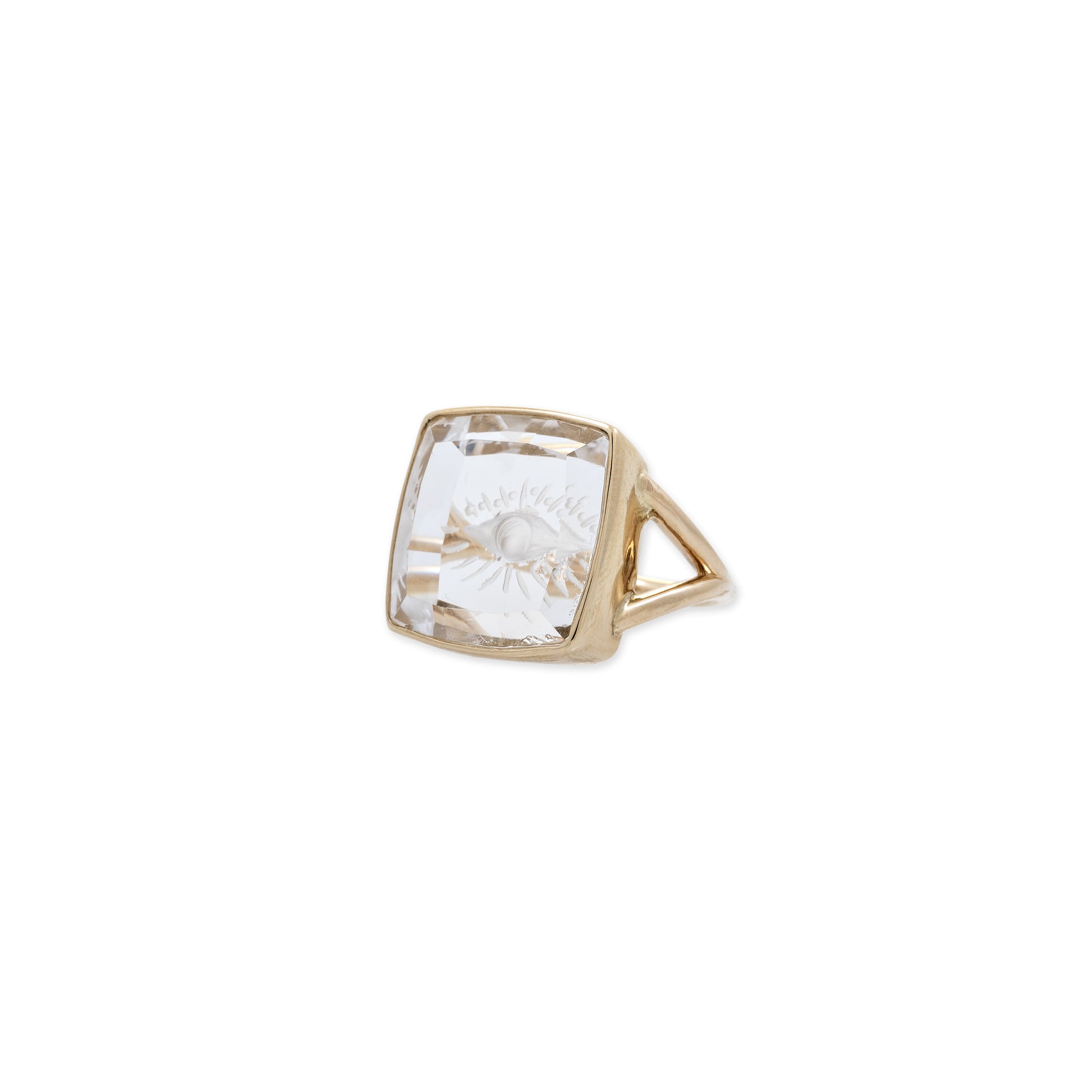 Carved Eye Burst Clear Quartz Ring