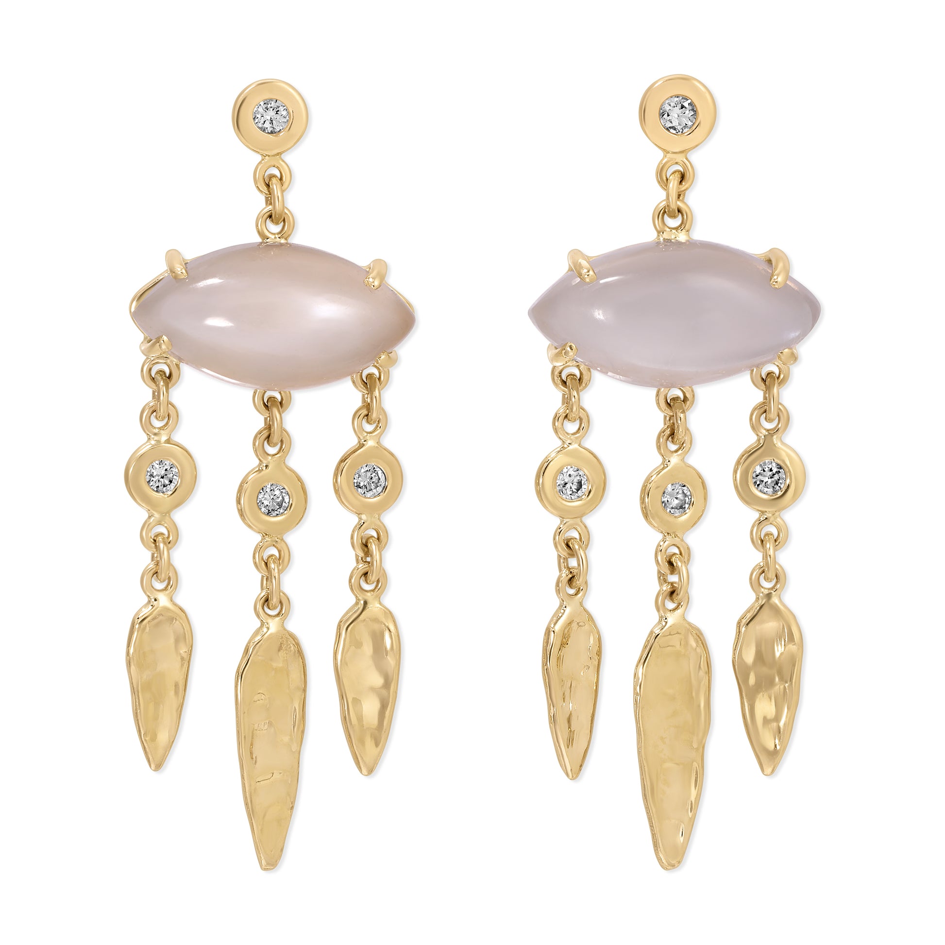Diamond Grey Moonstone Marquise + 3 Diamond Hammered Teardrop Shaker Drop Studs