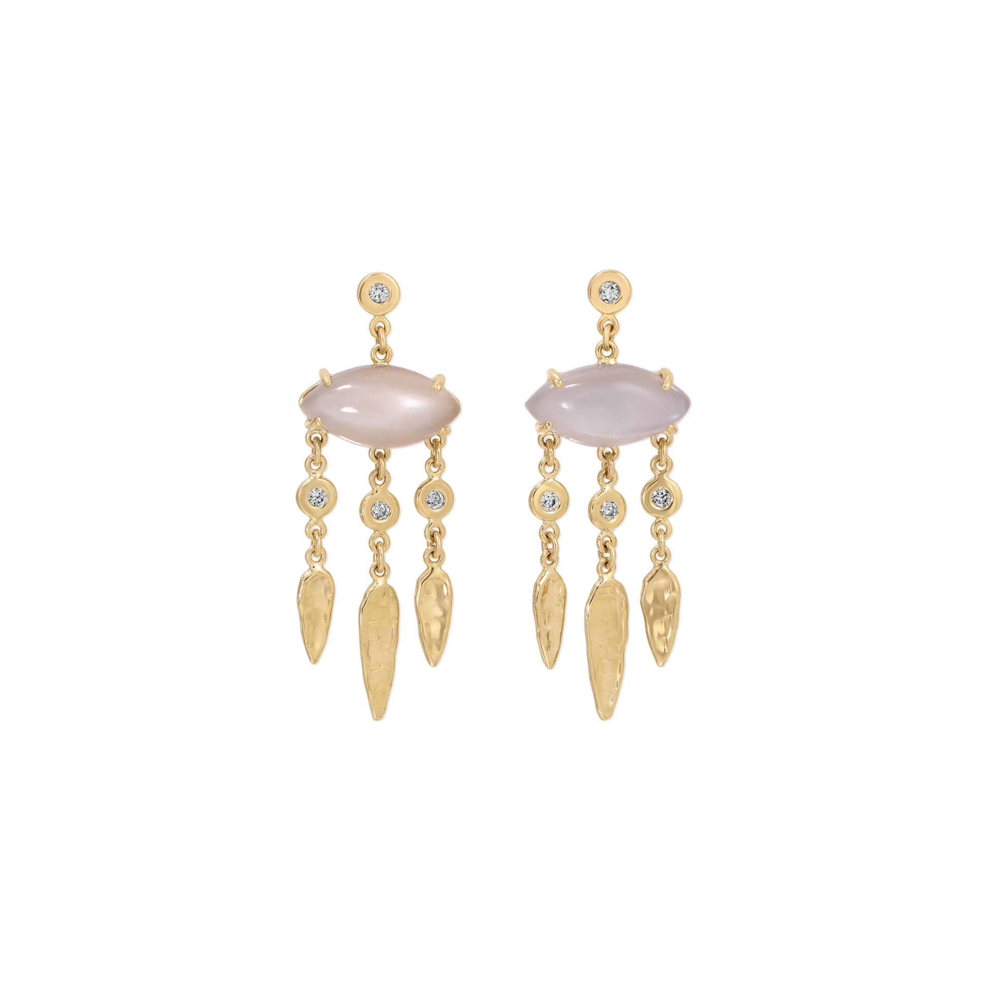 Diamond Grey Moonstone Marquise + 3 Diamond Hammered Teardrop Shaker Drop Studs