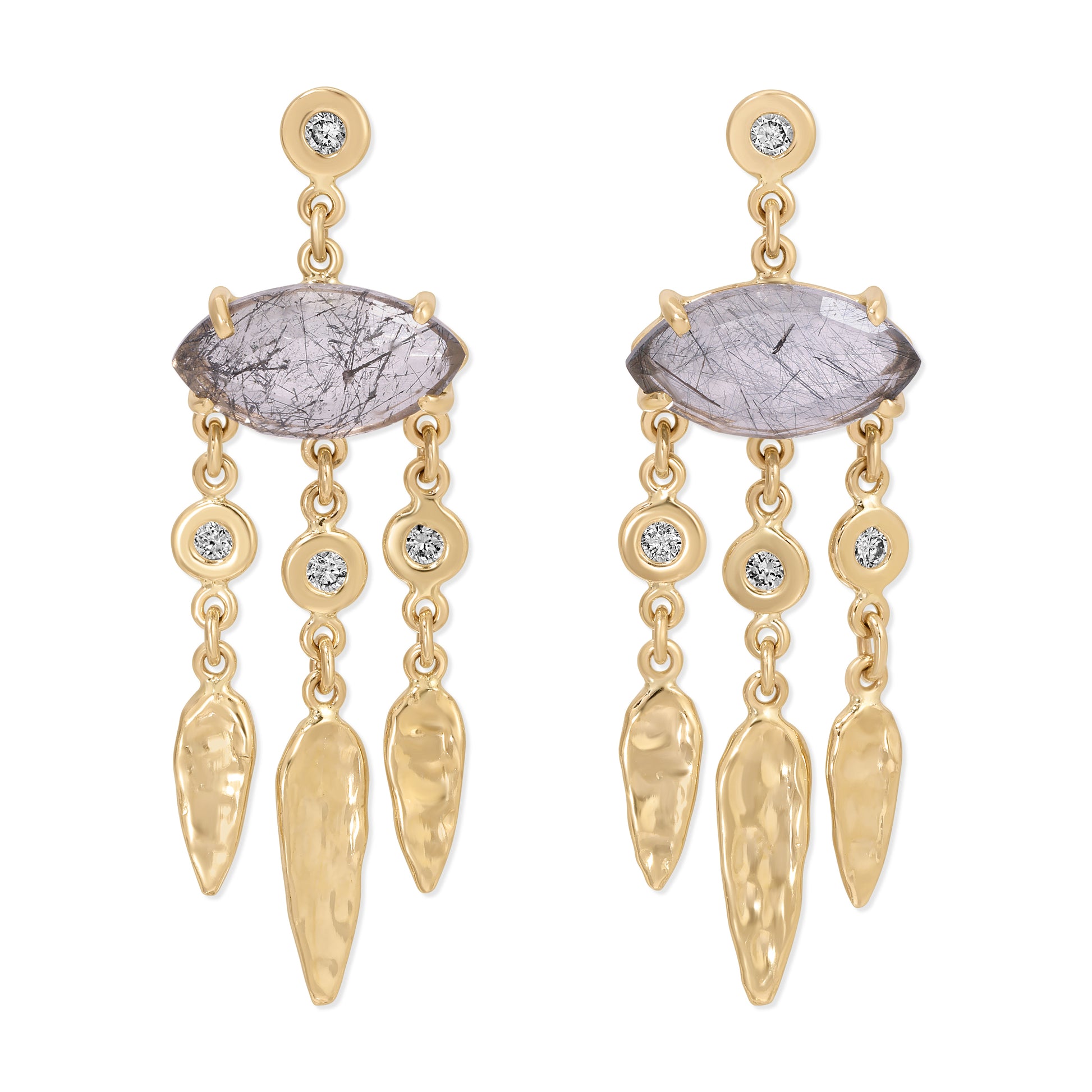 Diamond Tourmalinated Quartz Marquise + 3 Diamond Hammered Teardrop Shaker Drop Studs