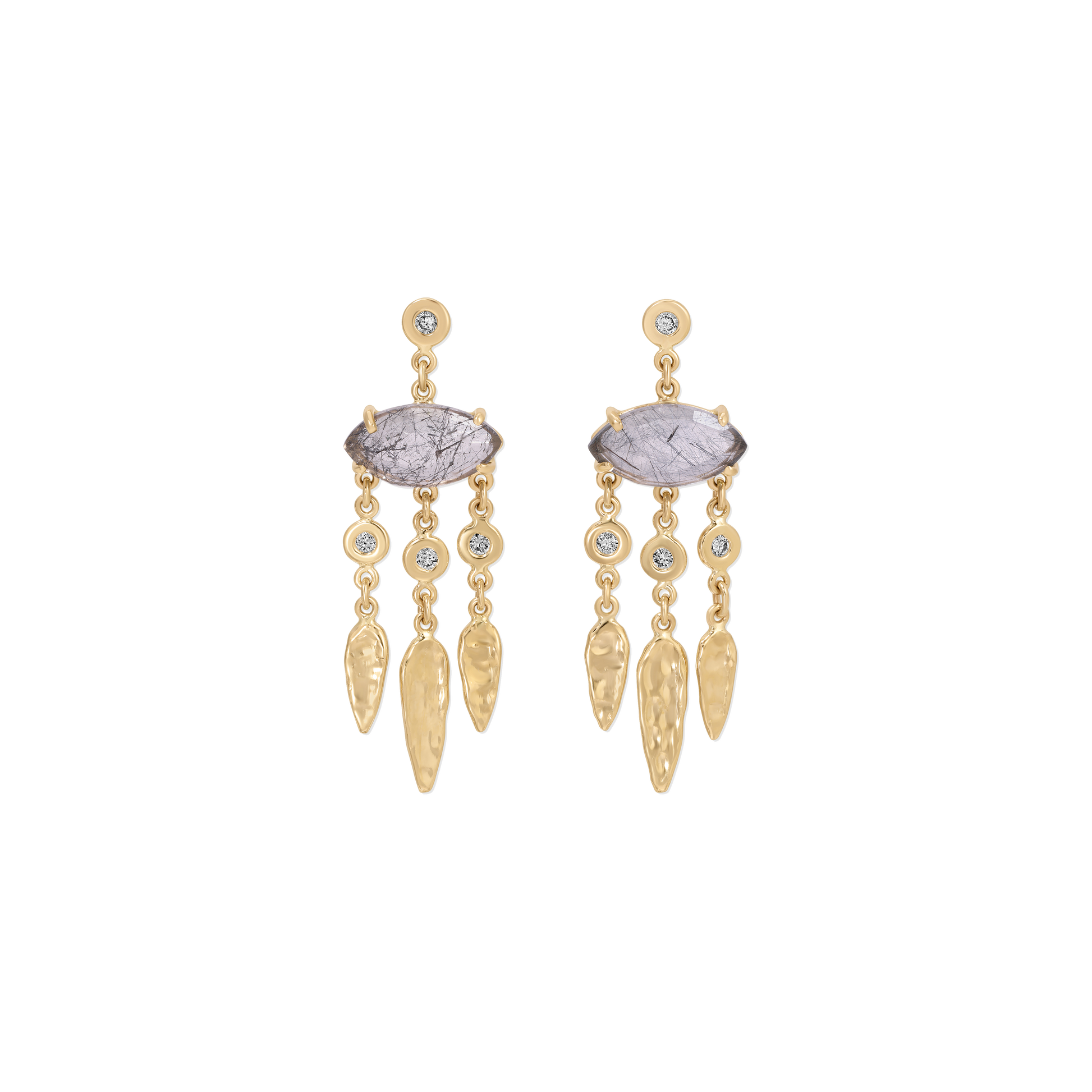 Diamond Tourmalinated Quartz Marquise + 3 Diamond Hammered Teardrop Shaker Drop Studs