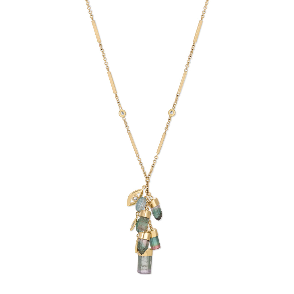 Green Tourmaline Bar Drip + Eye 4 Diamond Bar Chain Necklace