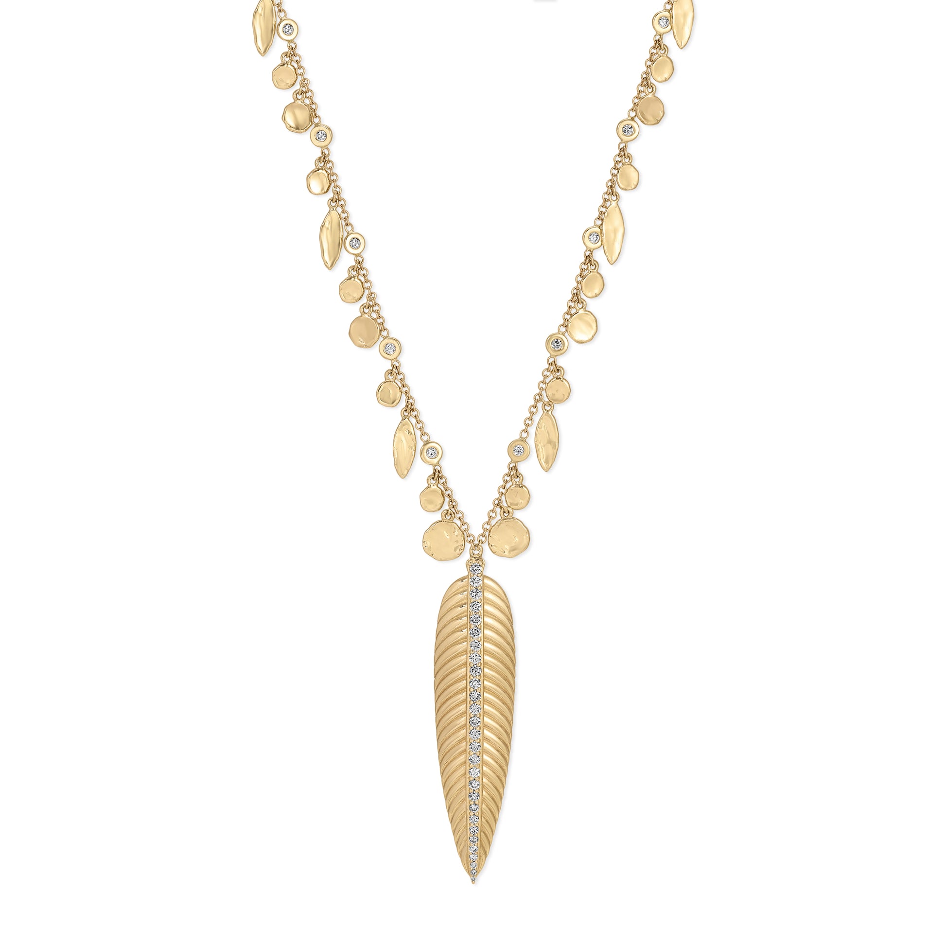 Large Feather Wing Necklace with Hammered Discs and Teardrop Shakers