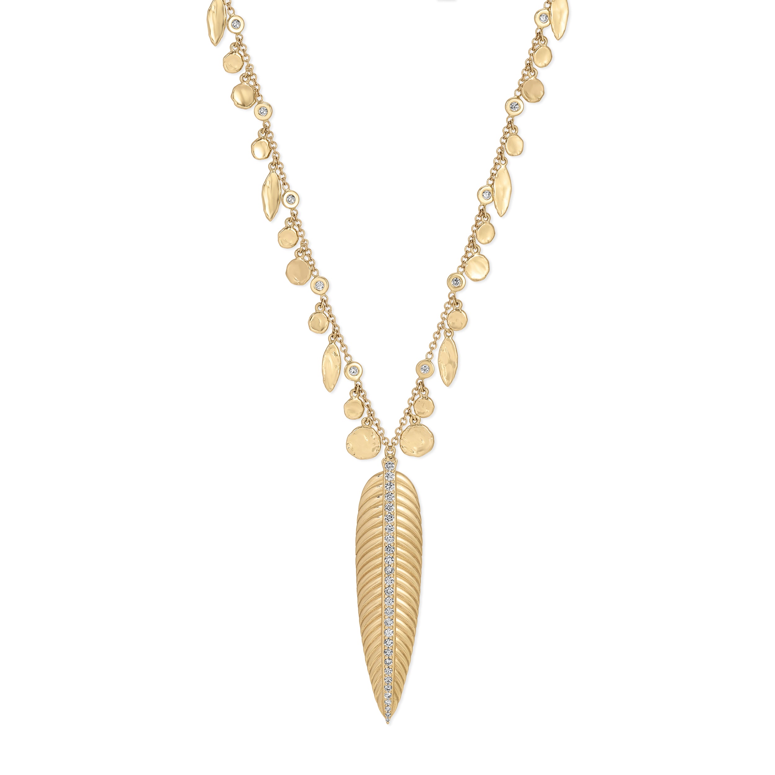 Large Feather Wing Necklace with Hammered Discs and Teardrop Shakers
