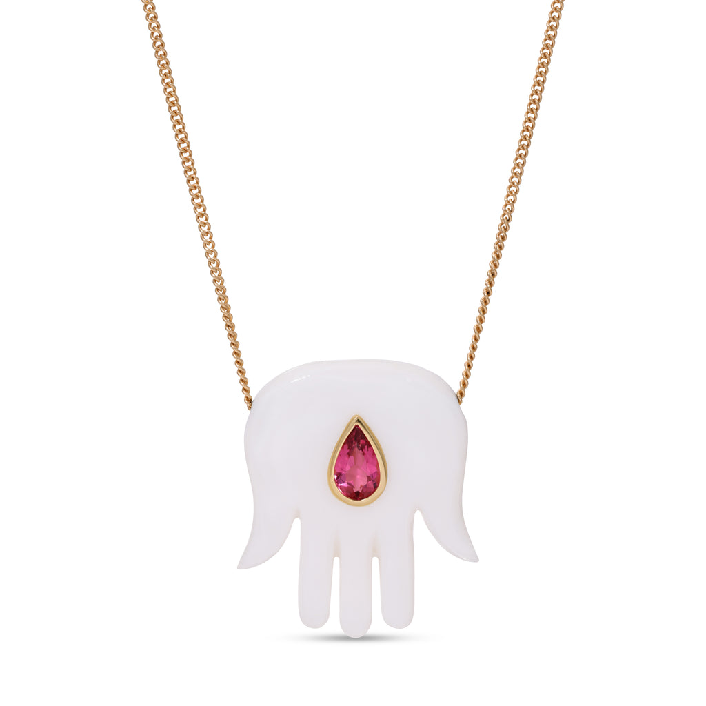 Large Mother of Pearl Hamsa with Pink Tourmaline Necklace