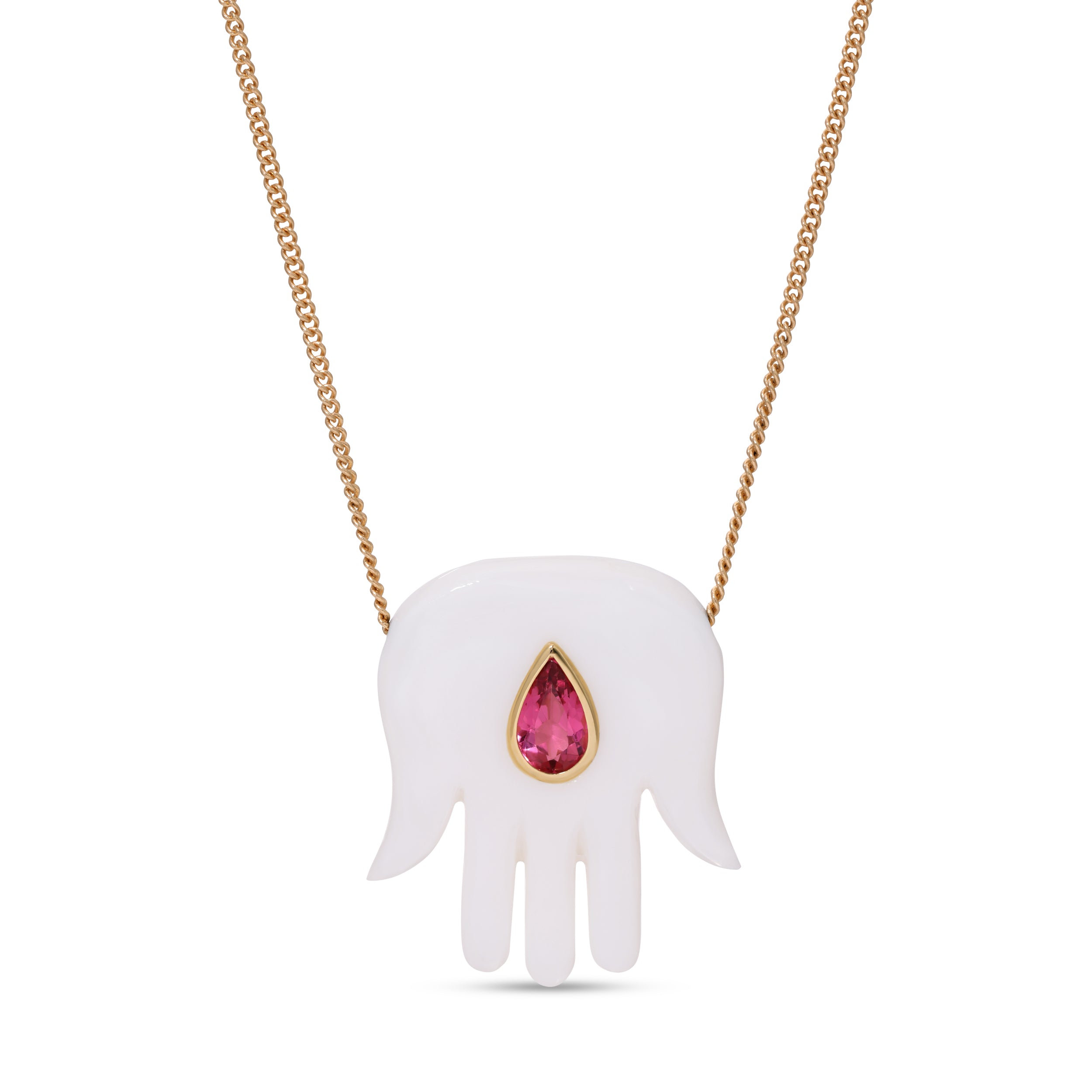 Large Mother of Pearl Hamsa with Pink Tourmaline Necklace