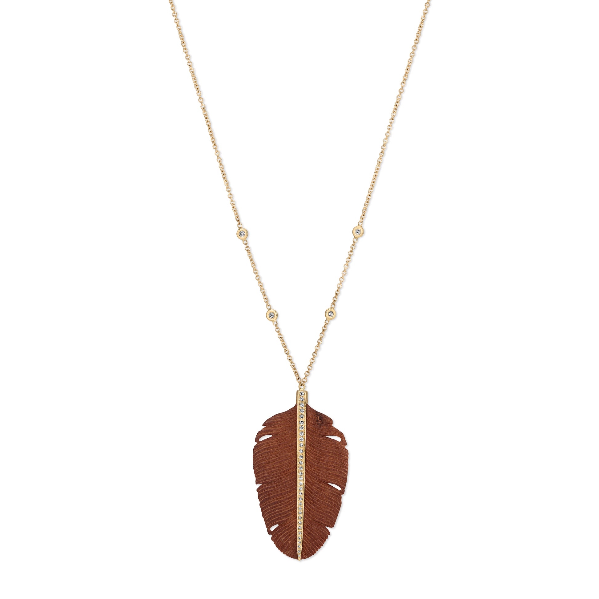 Large Pavé Brown Wood Feather Thick Chain 4 Diamond necklace