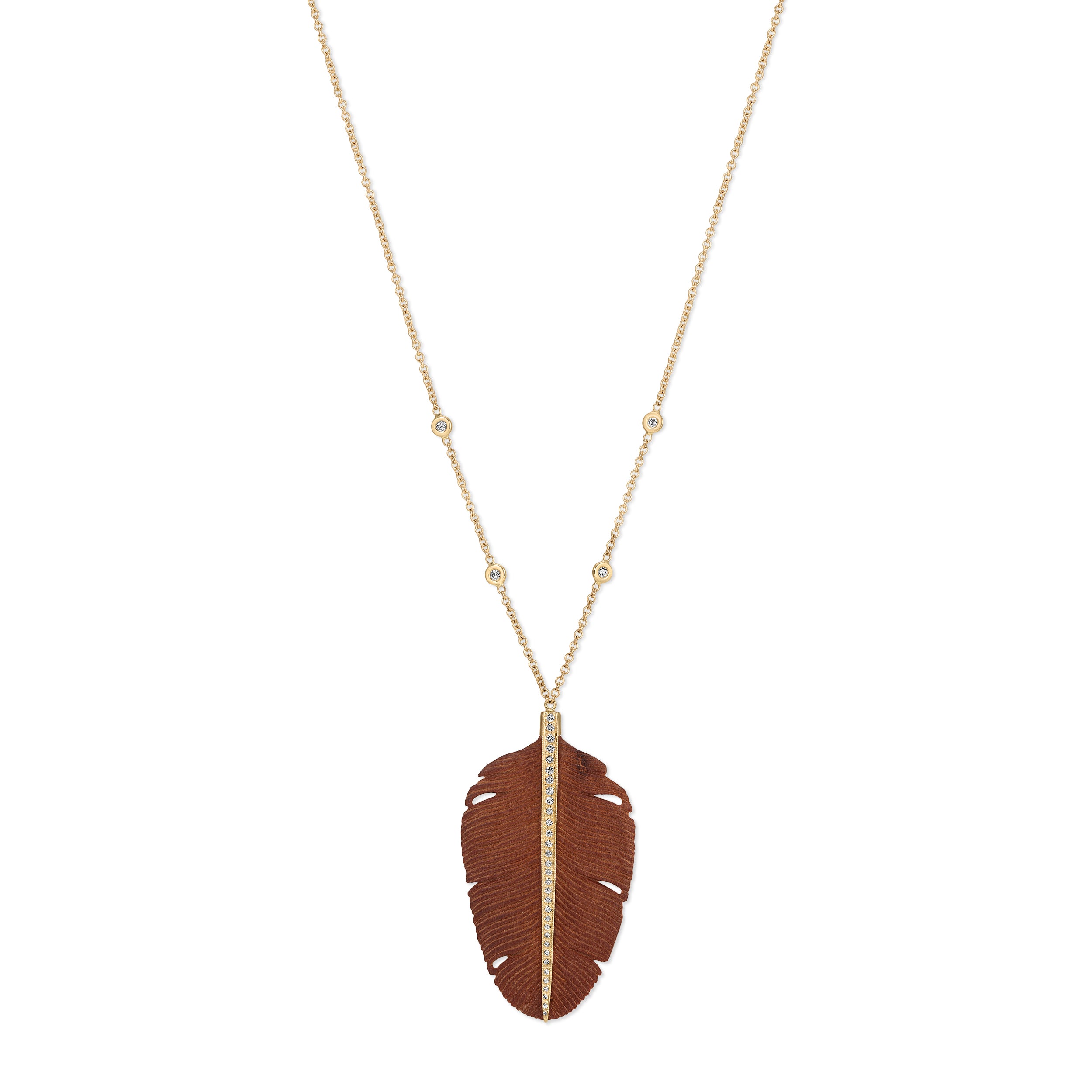 Large Pavé Brown Wood Feather Necklace