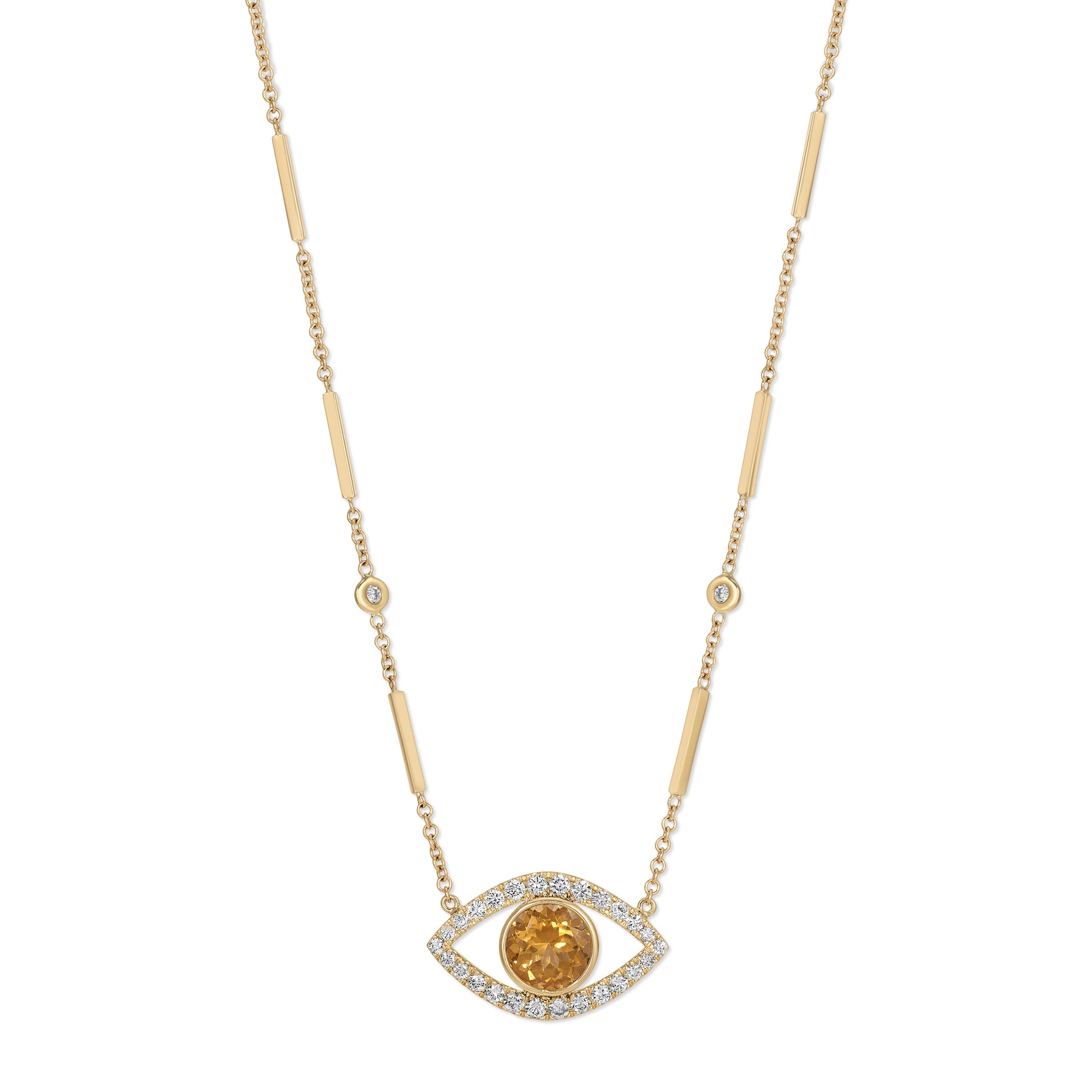 Large Pavé Open Eye Yellow Tourmaline Center 4 Diamond Bar Chain Necklace