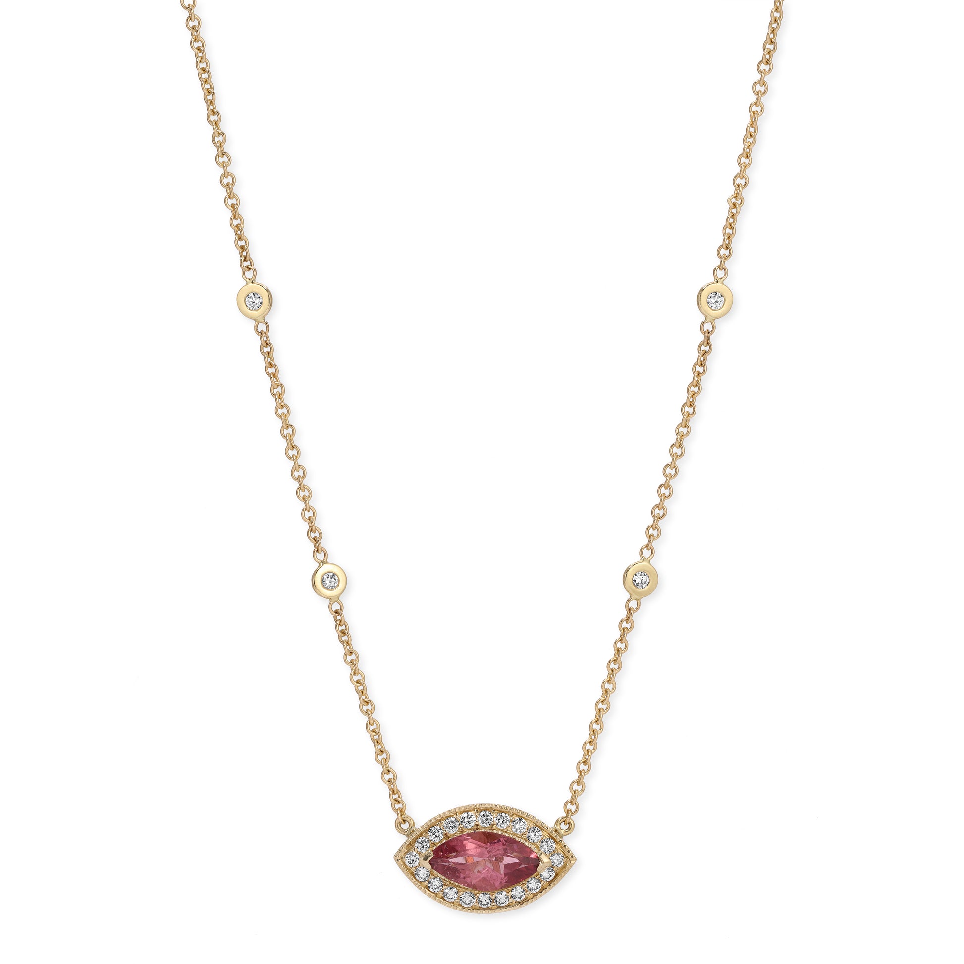 Large Pavé Marquise Pink Tourmaline Eye 4 Diamond Thick Chain Necklace