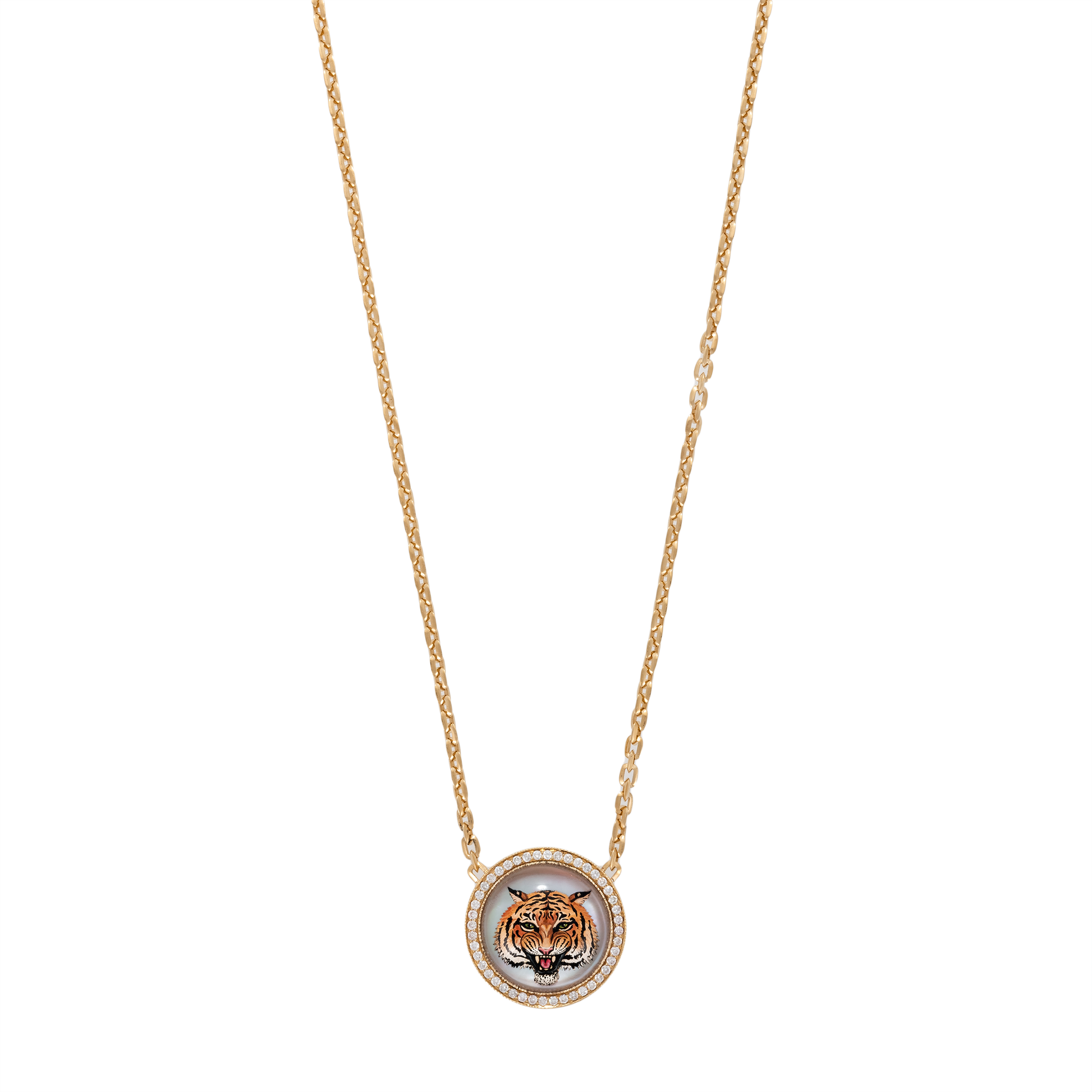 Large Pavé Round Mother of Pearl Tiger Feline Moe Chain Necklace