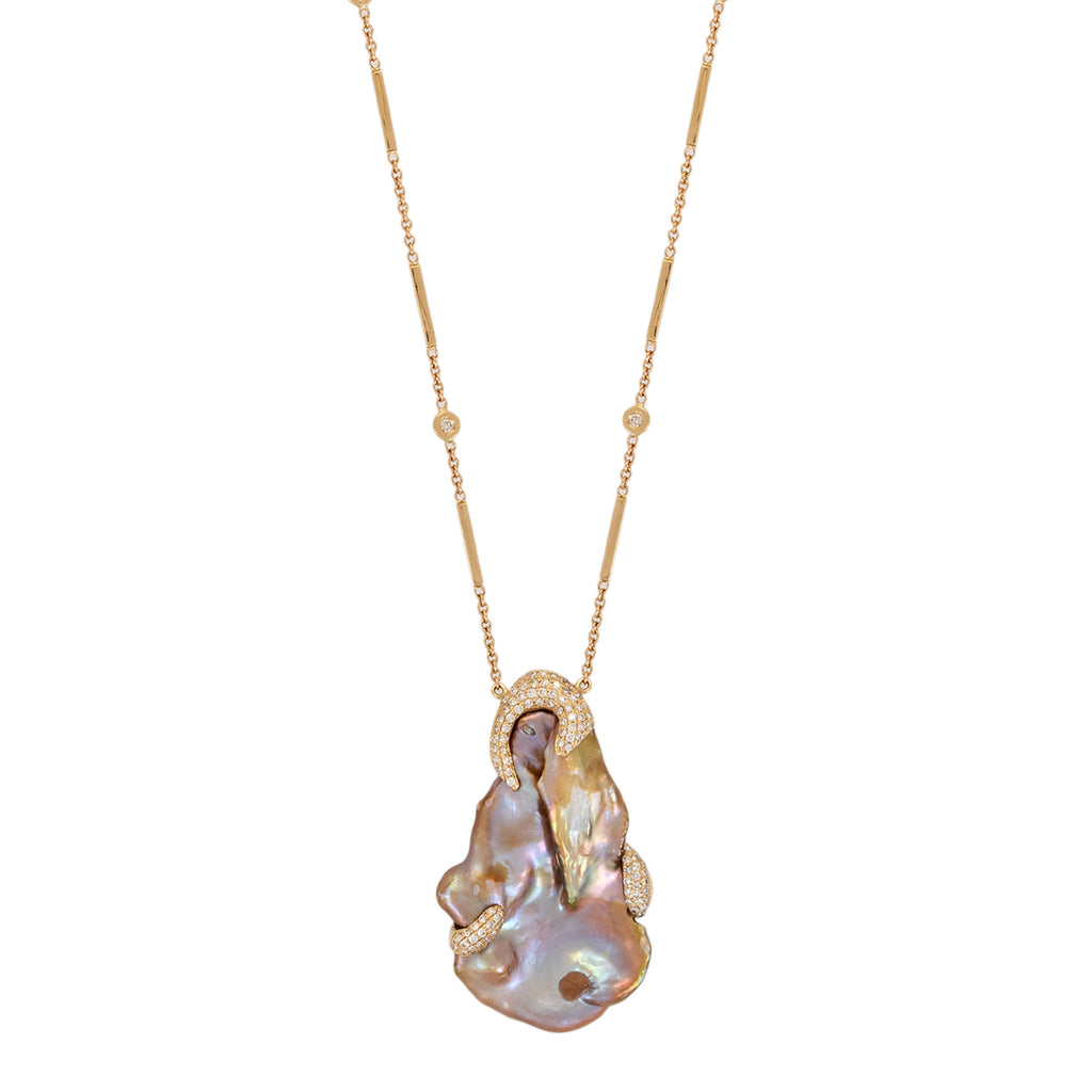 Freeform Pearl Necklace with Pavé Diamond Claws