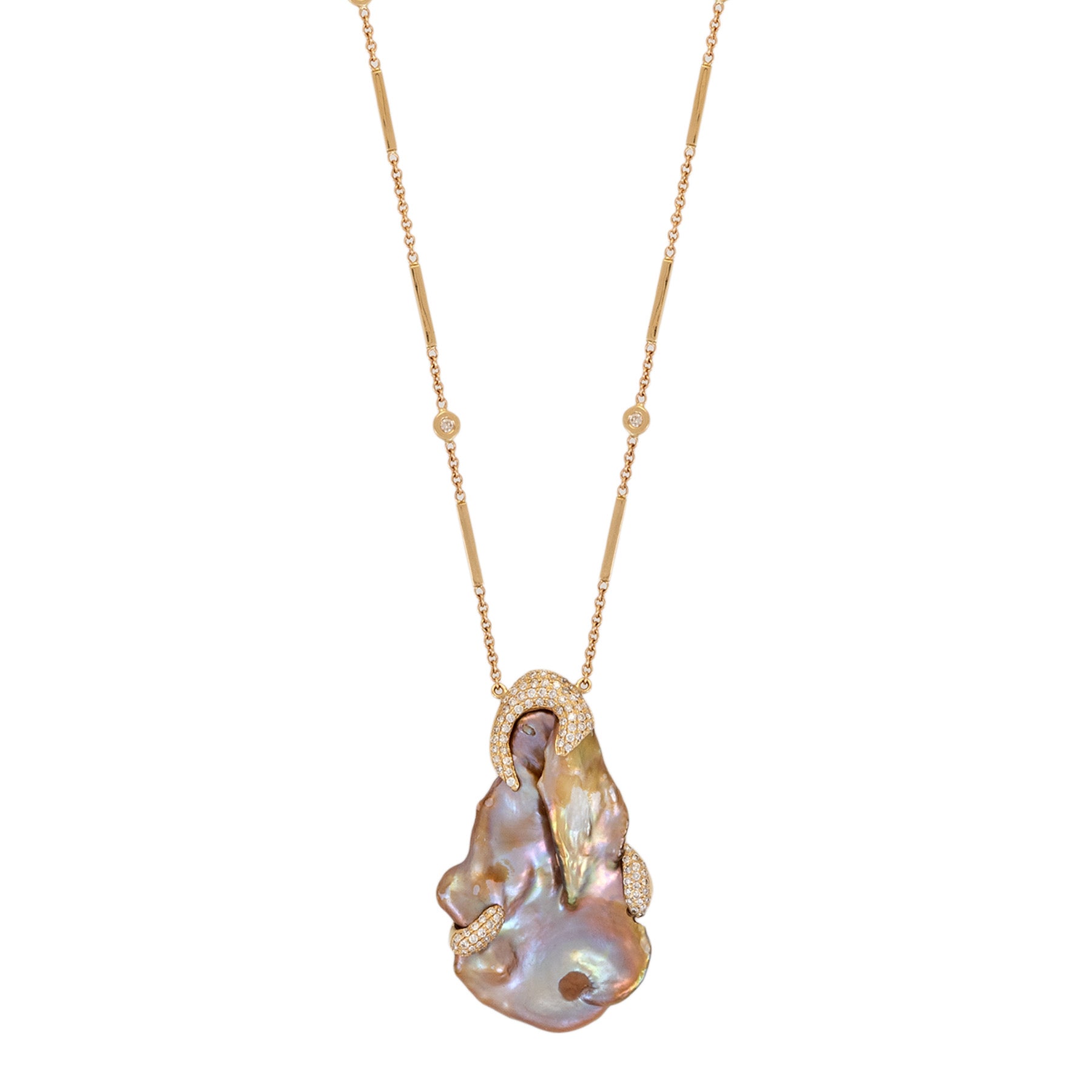 Freeform Pearl Necklace with Pavé Diamond Claws