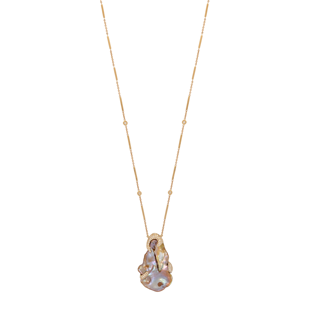 Freeform Pearl Necklace with Pavé Diamond Claws