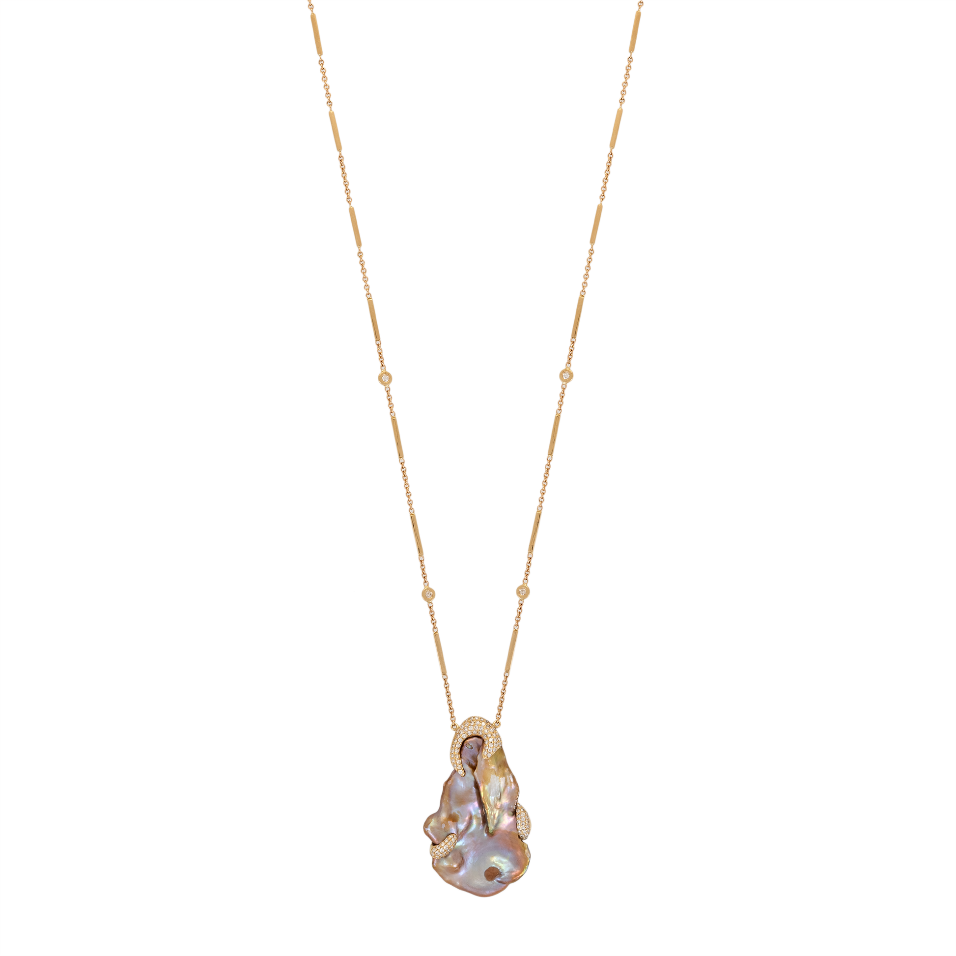 Pavé Claws Freeform Pearl 4 Diamond Smooth Bar Necklace
