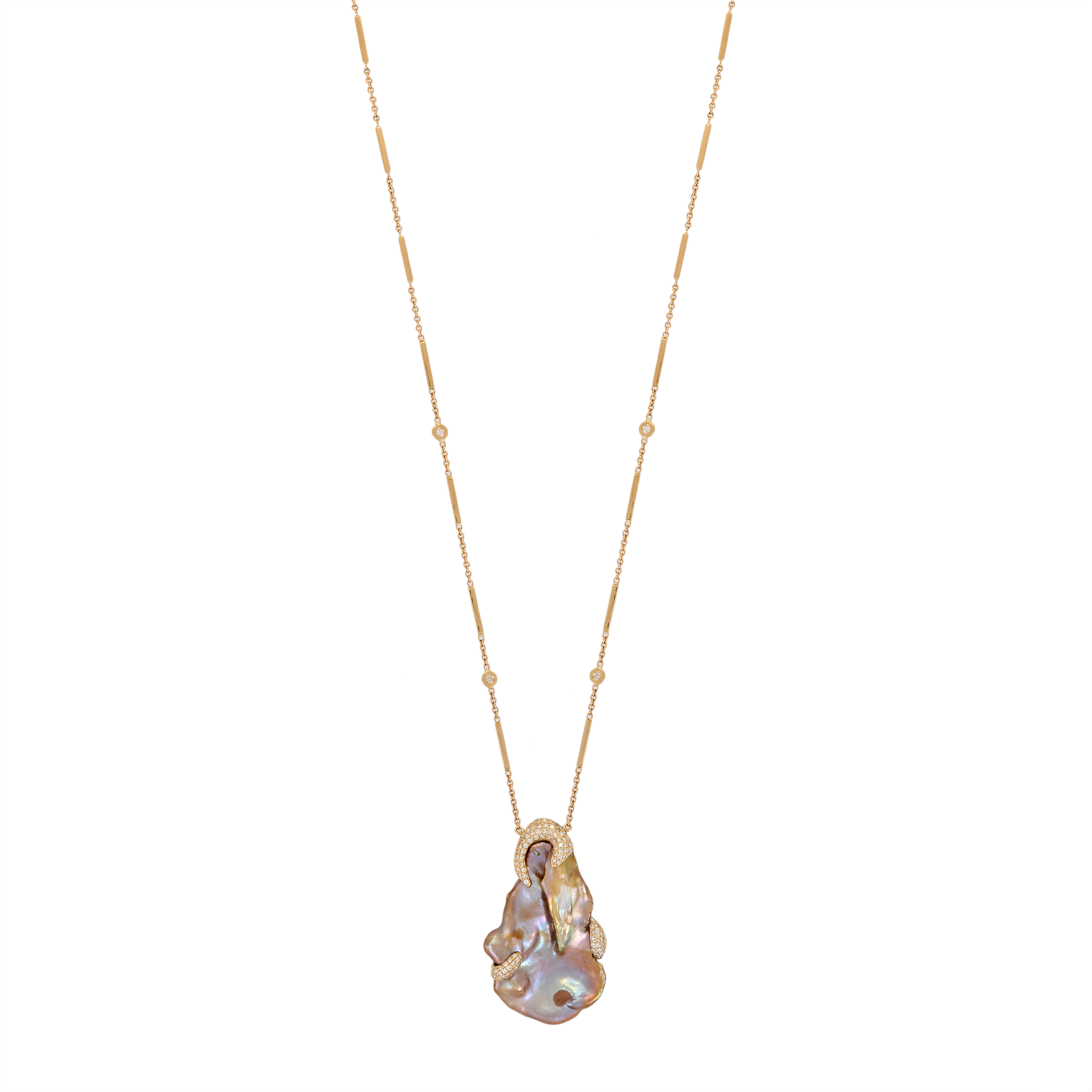 Freeform Pearl Necklace with Pavé Diamond Claws